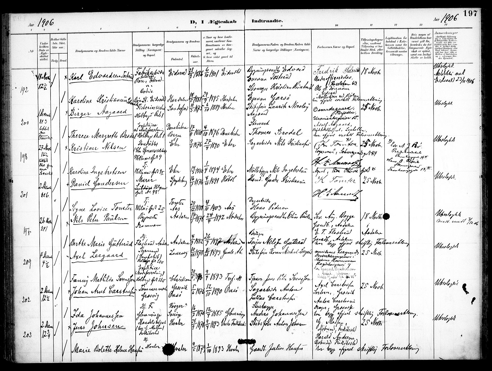 Trefoldighet prestekontor Kirkebøker, AV/SAO-A-10882/F/Fc/L0005: Ministerialbok nr. III 5, 1900-1908, s. 197