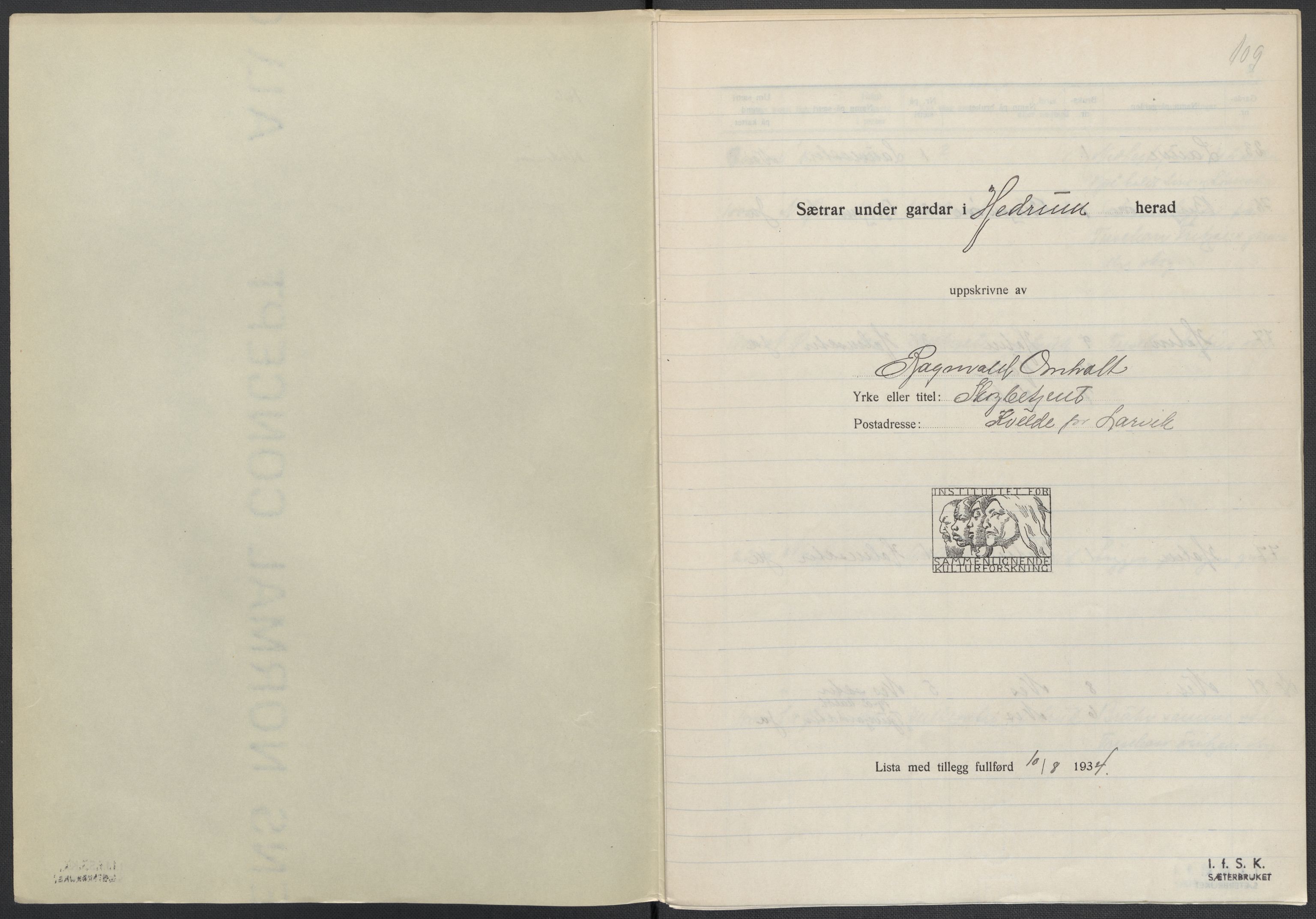 Instituttet for sammenlignende kulturforskning, AV/RA-PA-0424/F/Fc/L0006/0003: Eske B6: / Vestfold (perm XV), 1932-1935, s. 109