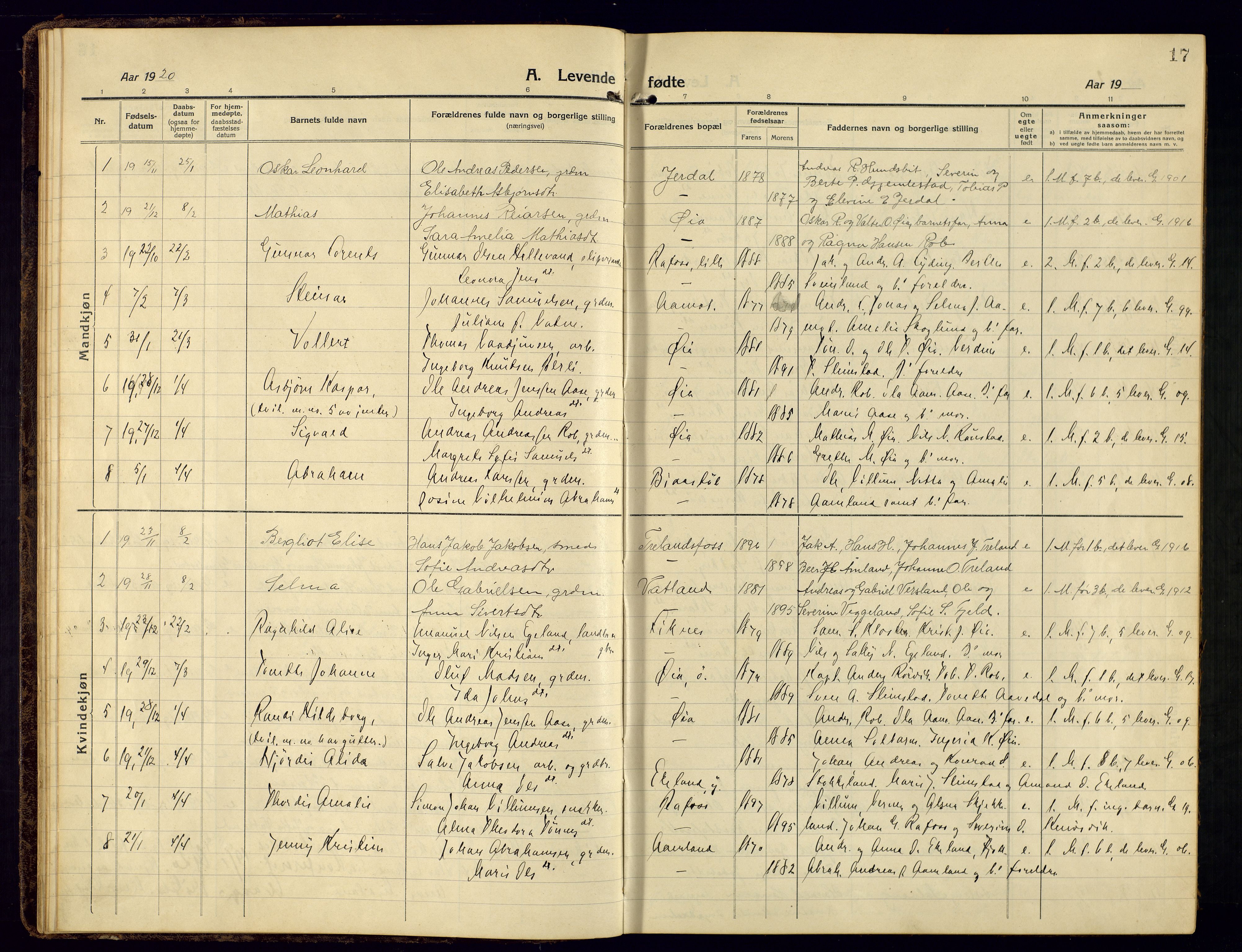 Kvinesdal sokneprestkontor, AV/SAK-1111-0026/F/Fb/Fbb/L0004: Klokkerbok nr. B 4, 1917-1938, s. 17