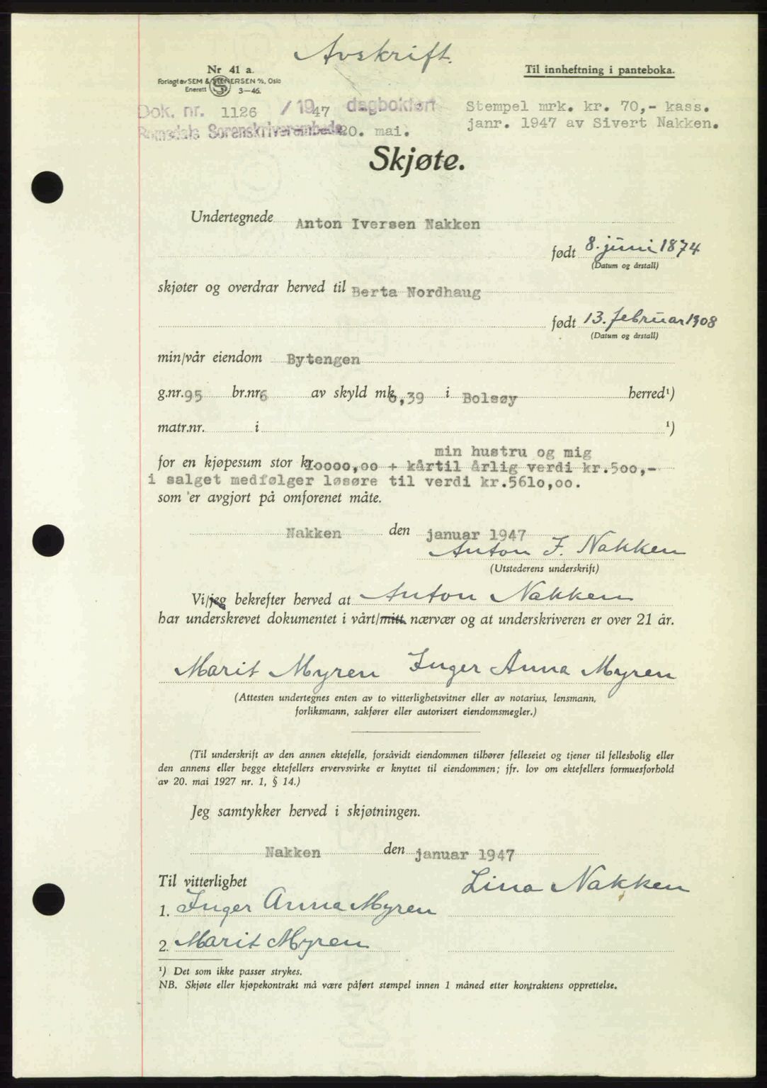 Romsdal sorenskriveri, AV/SAT-A-4149/1/2/2C: Pantebok nr. A23, 1947-1947, Dagboknr: 1126/1947