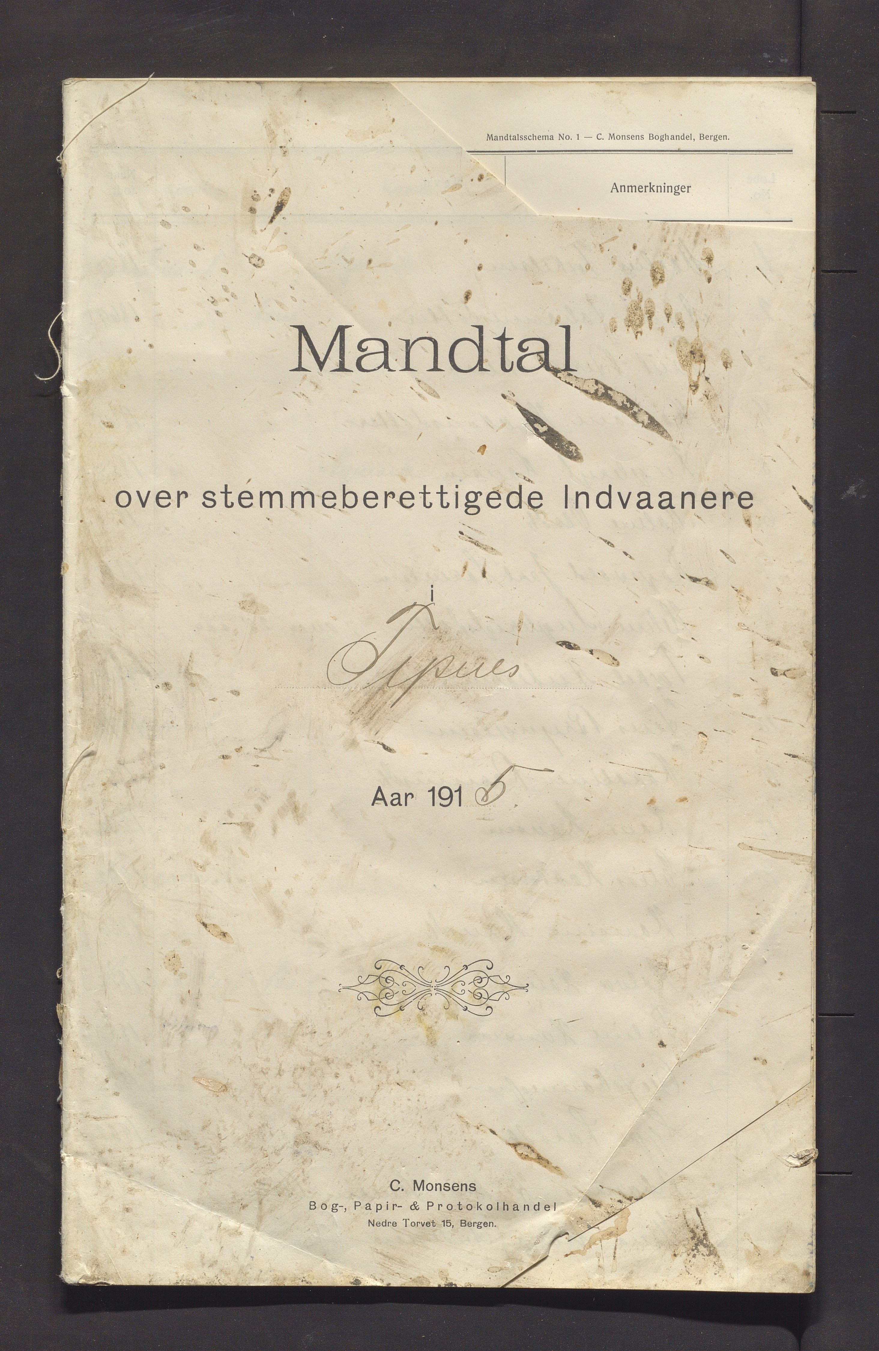 Tysnes kommune. Valstyret, IKAH/1223-011/F/Fa/L0003: Manntalsprotokoll over røysteføre i Tysnes, 1915