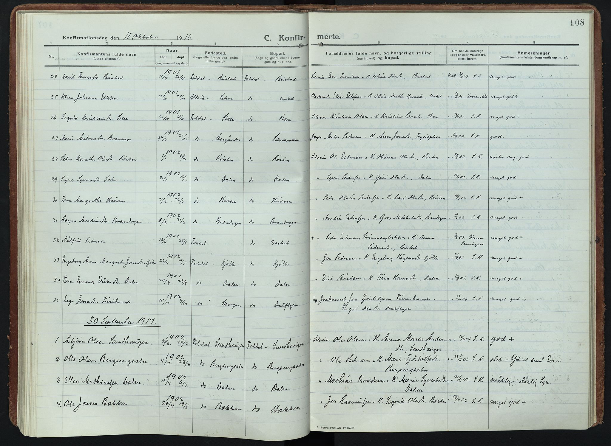 Alvdal prestekontor, AV/SAH-PREST-060/H/Ha/Haa/L0005: Ministerialbok nr. 5, 1913-1930, s. 108