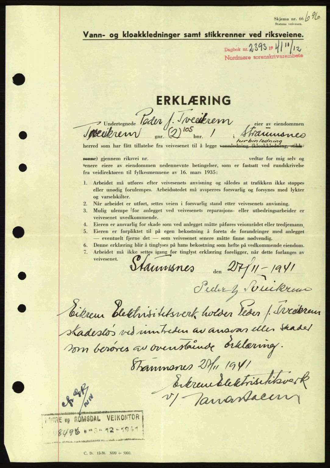 Nordmøre sorenskriveri, SAT/A-4132/1/2/2Ca: Pantebok nr. B88, 1941-1942, Dagboknr: 2393/1941