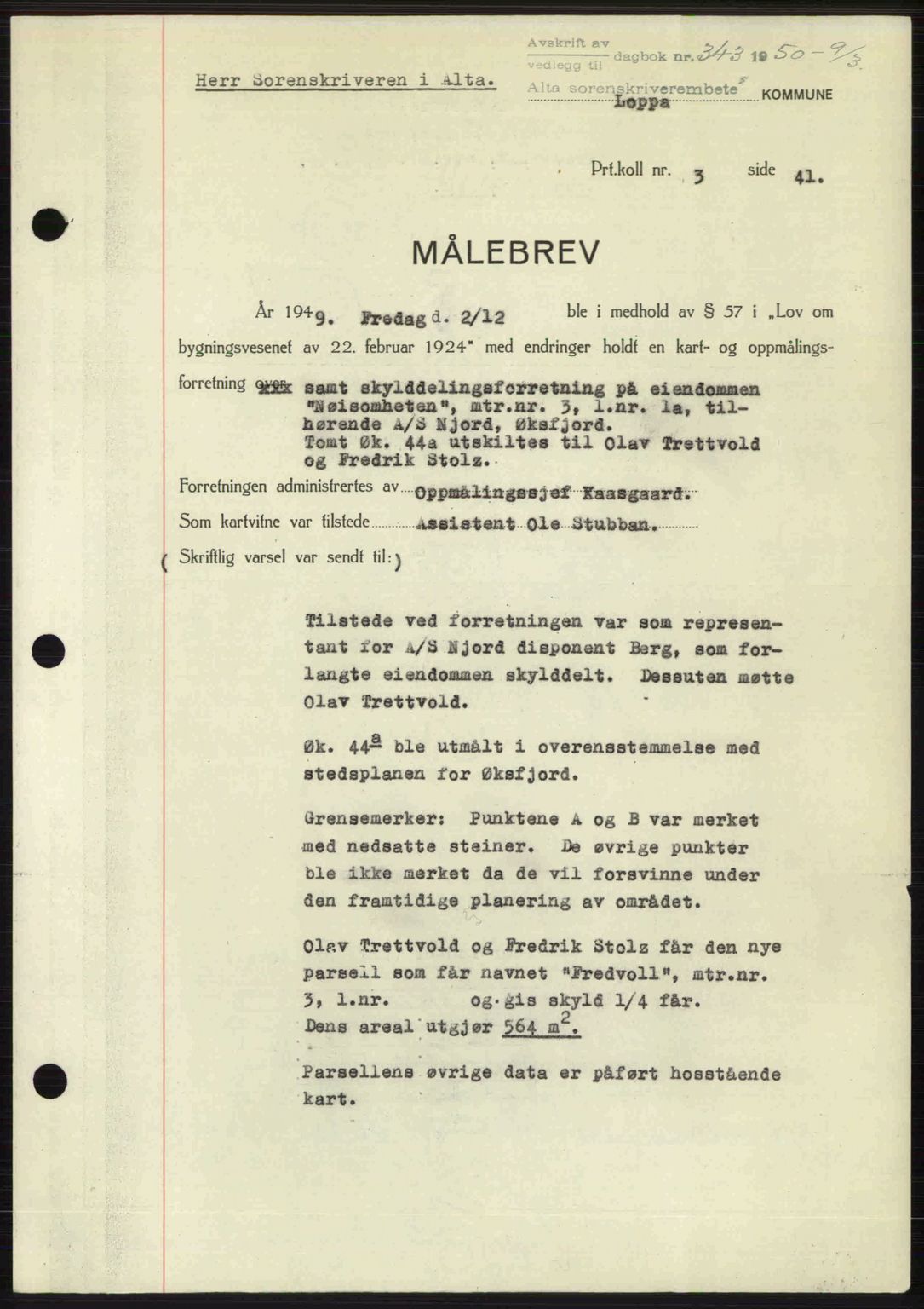 Alta fogderi/sorenskriveri, SATØ/SATØ-5/1/K/Kd/L0038pantebok: Pantebok nr. 41-42, 1949-1950, Dagboknr: 343/1950