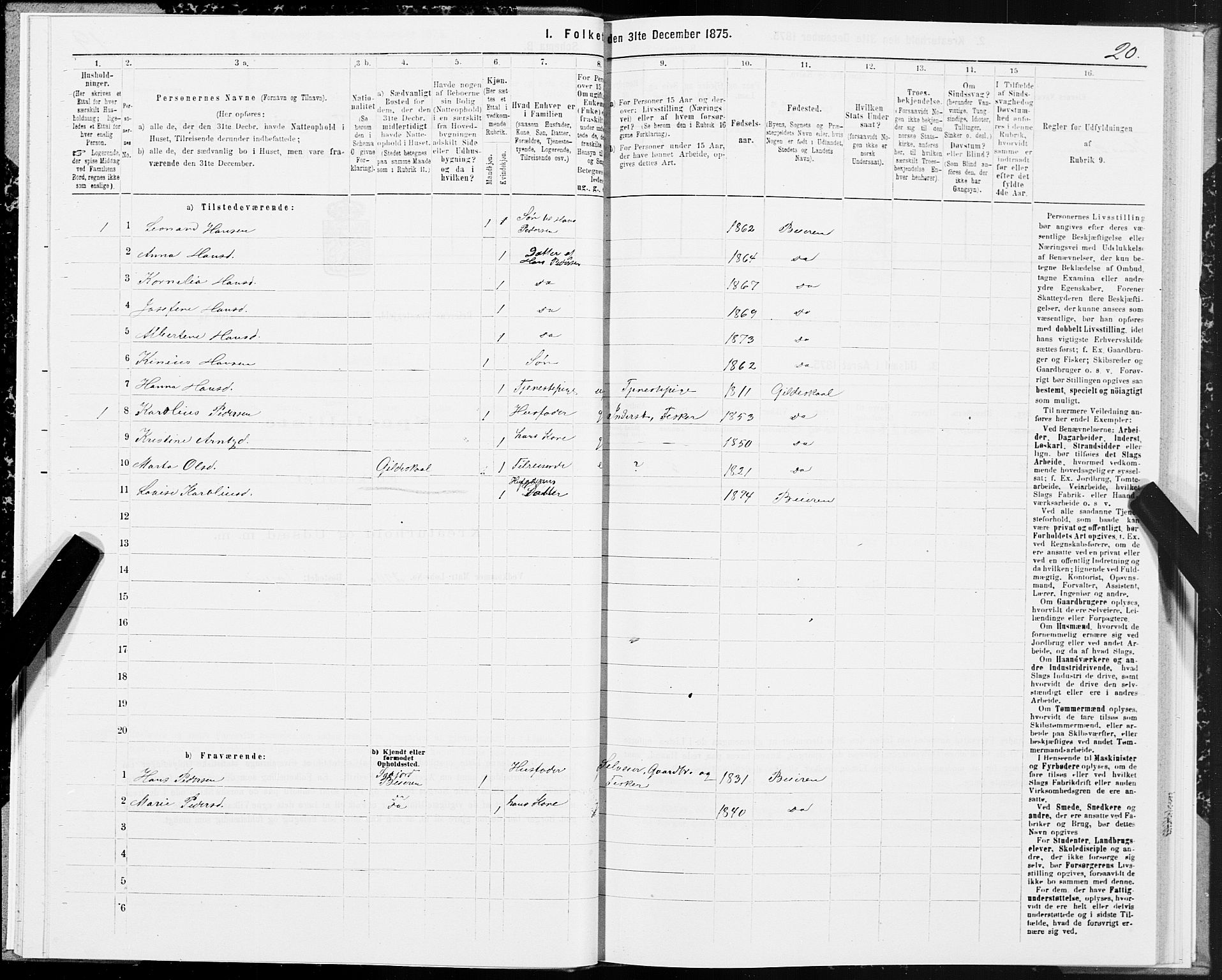 SAT, Folketelling 1875 for 1839P Beiarn prestegjeld, 1875, s. 1020