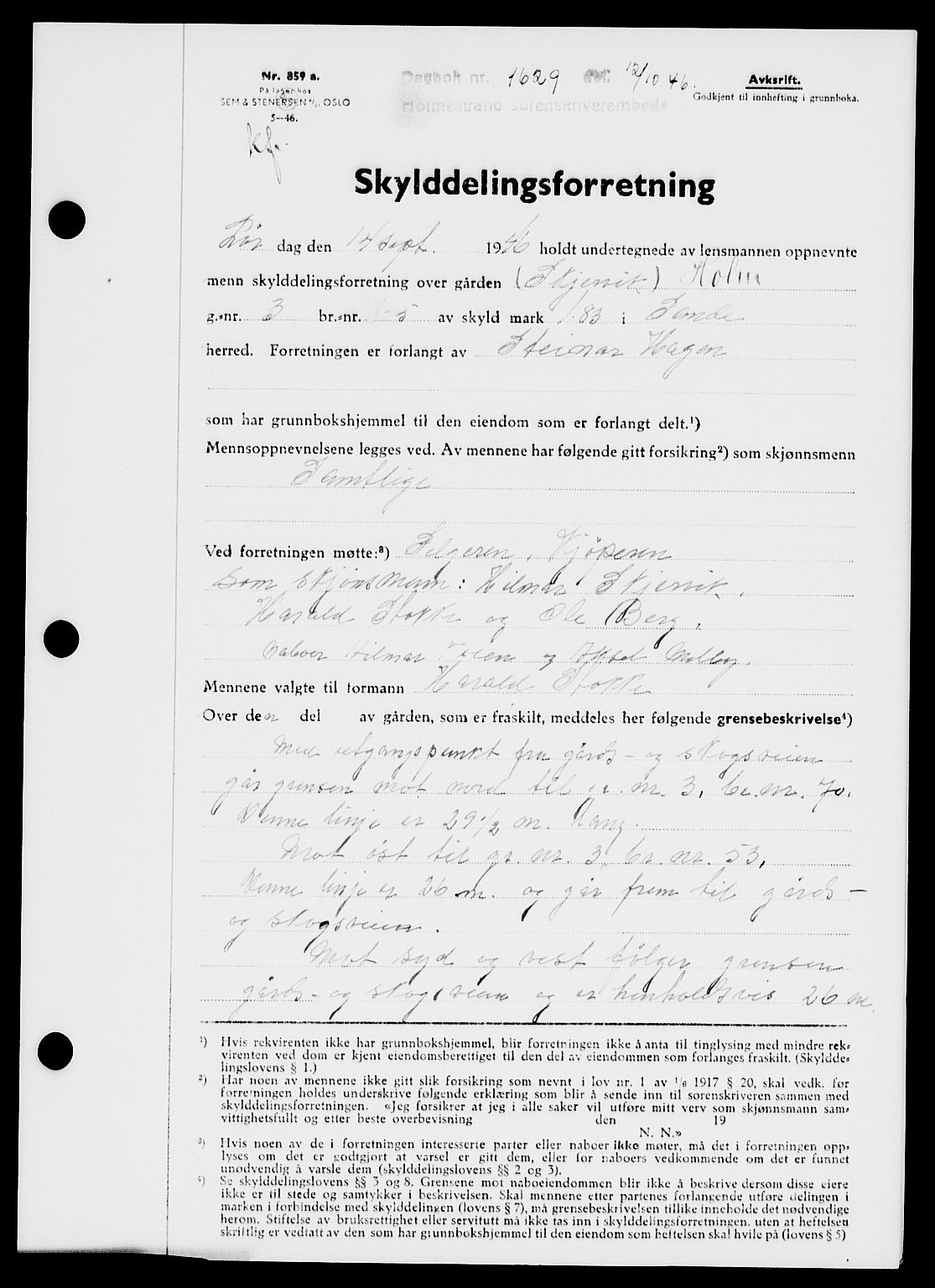 Holmestrand sorenskriveri, SAKO/A-67/G/Ga/Gaa/L0061: Pantebok nr. A-61, 1946-1947, Dagboknr: 1629/1946
