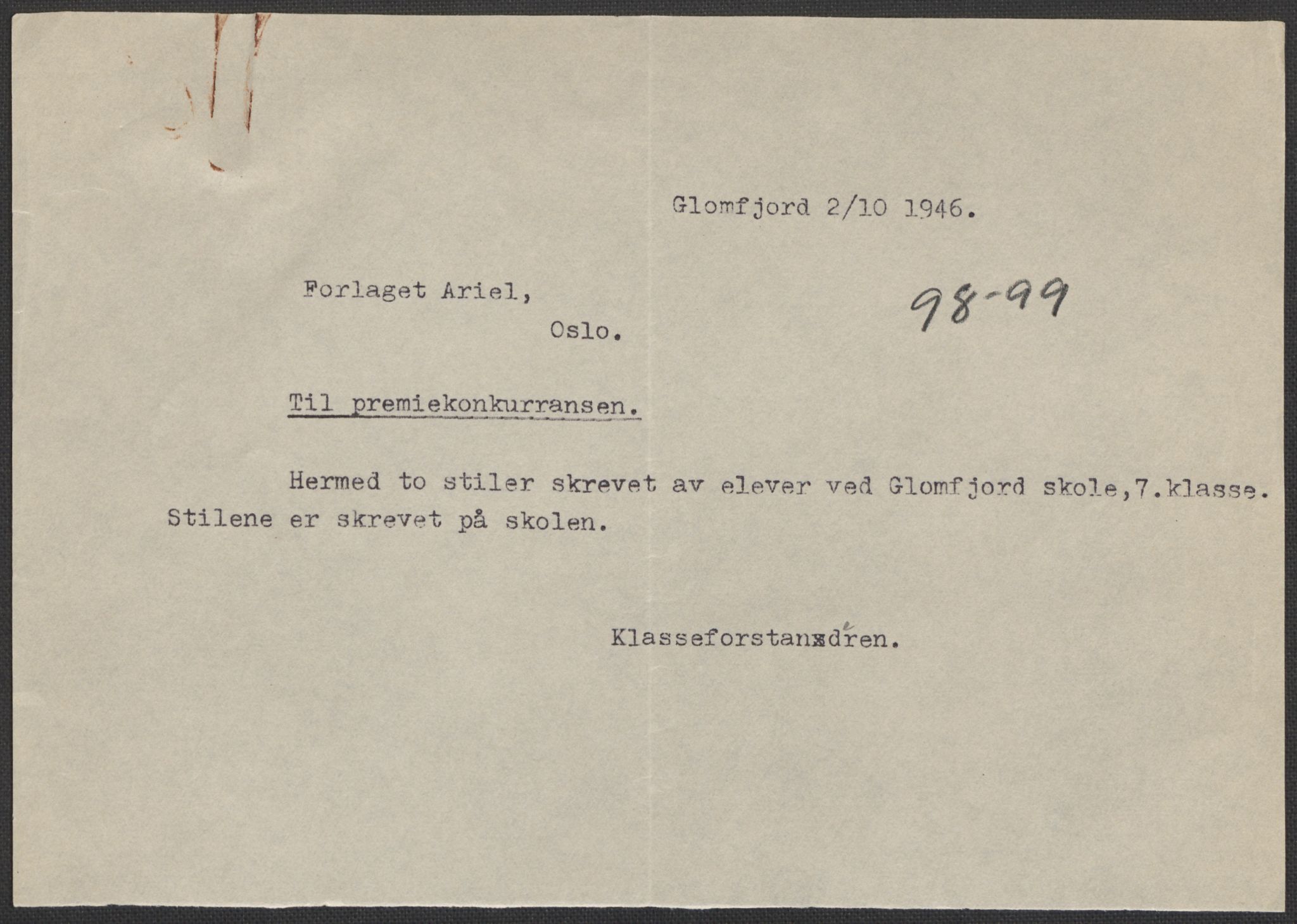 Det norske totalavholdsselskap, AV/RA-PA-0419/E/Eb/L0603: Skolestiler om krigstida (ordnet topografisk etter distrikt og skole), 1946, s. 129