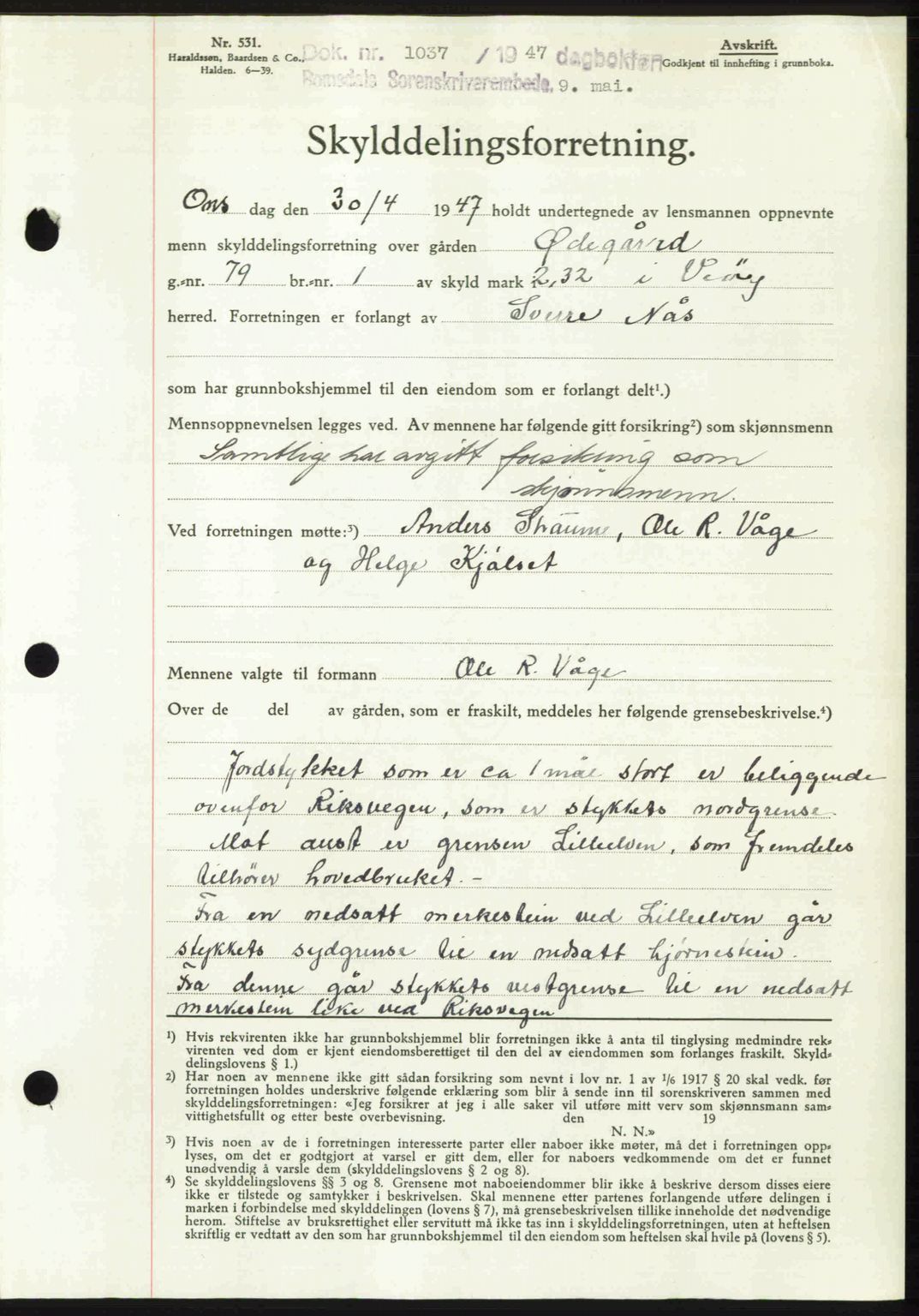 Romsdal sorenskriveri, AV/SAT-A-4149/1/2/2C: Pantebok nr. A23, 1947-1947, Dagboknr: 1037/1947