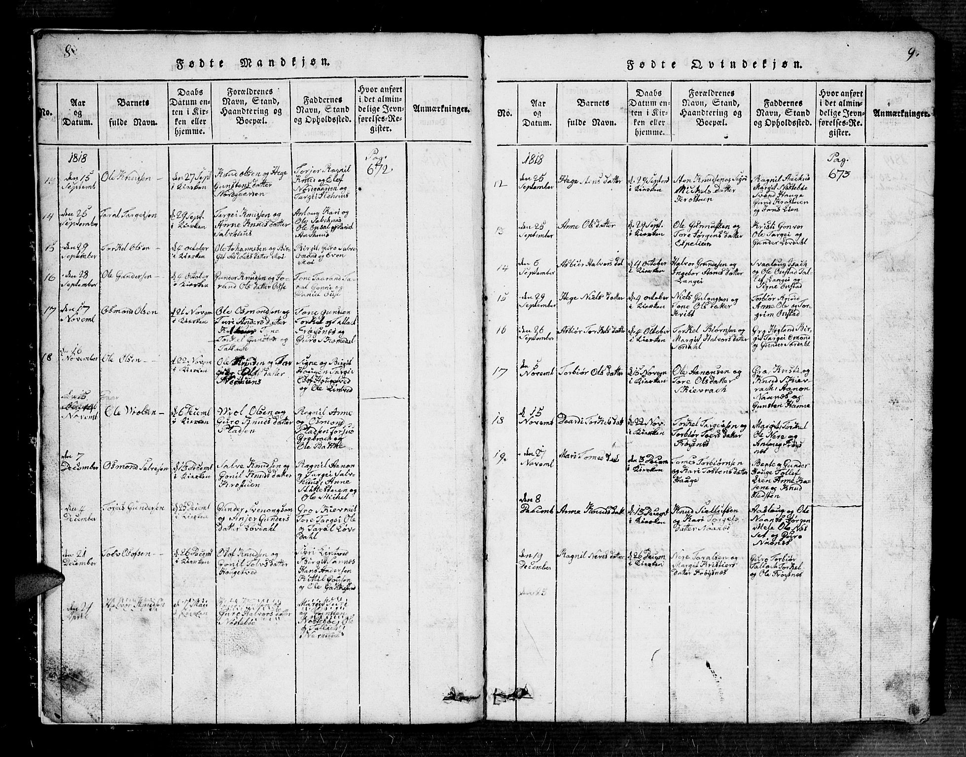 Bygland sokneprestkontor, SAK/1111-0006/F/Fb/Fbb/L0001: Klokkerbok nr. B 1, 1816-1843, s. 8-9