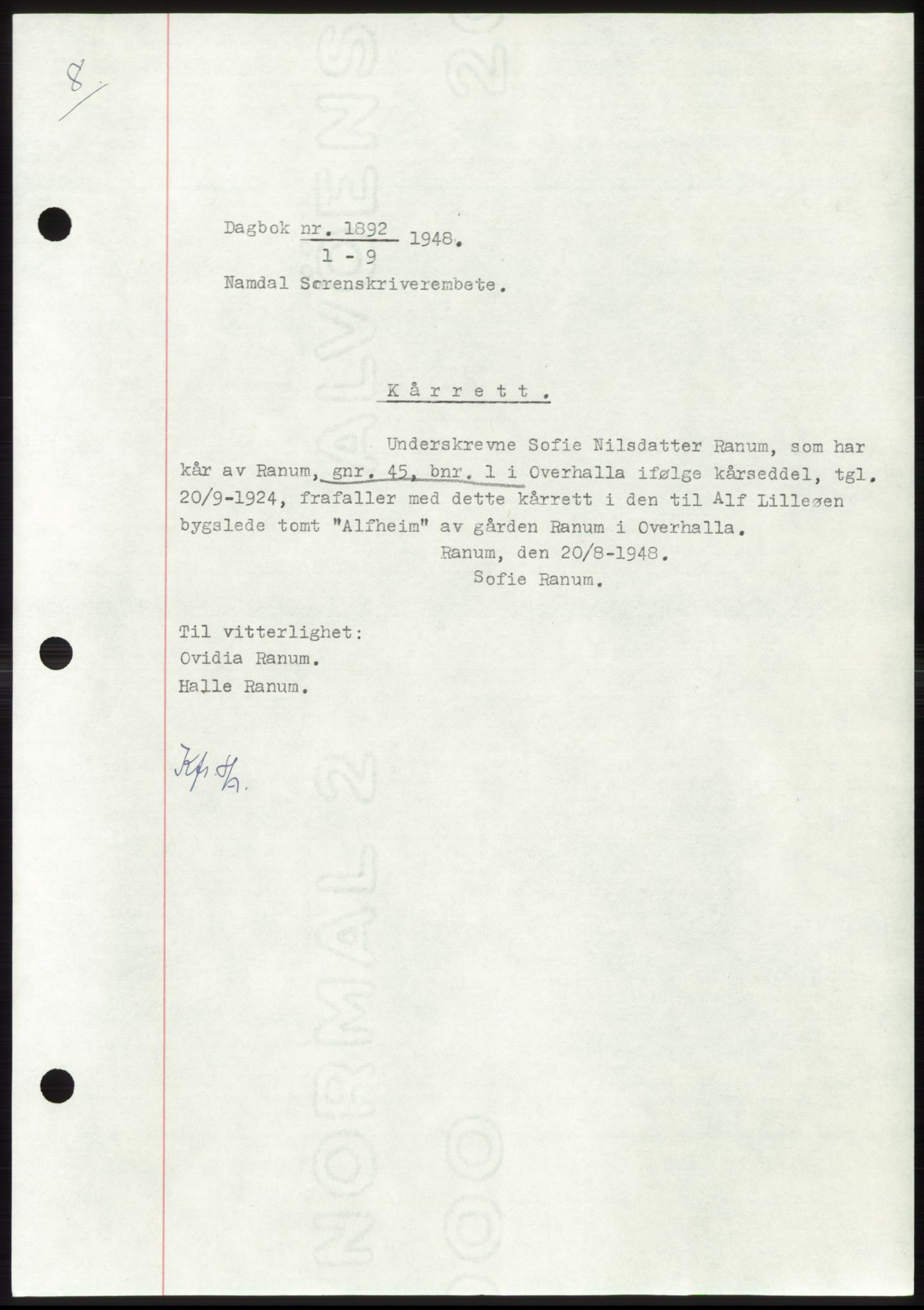 Namdal sorenskriveri, SAT/A-4133/1/2/2C: Pantebok nr. -, 1948-1948, Dagboknr: 1892/1948