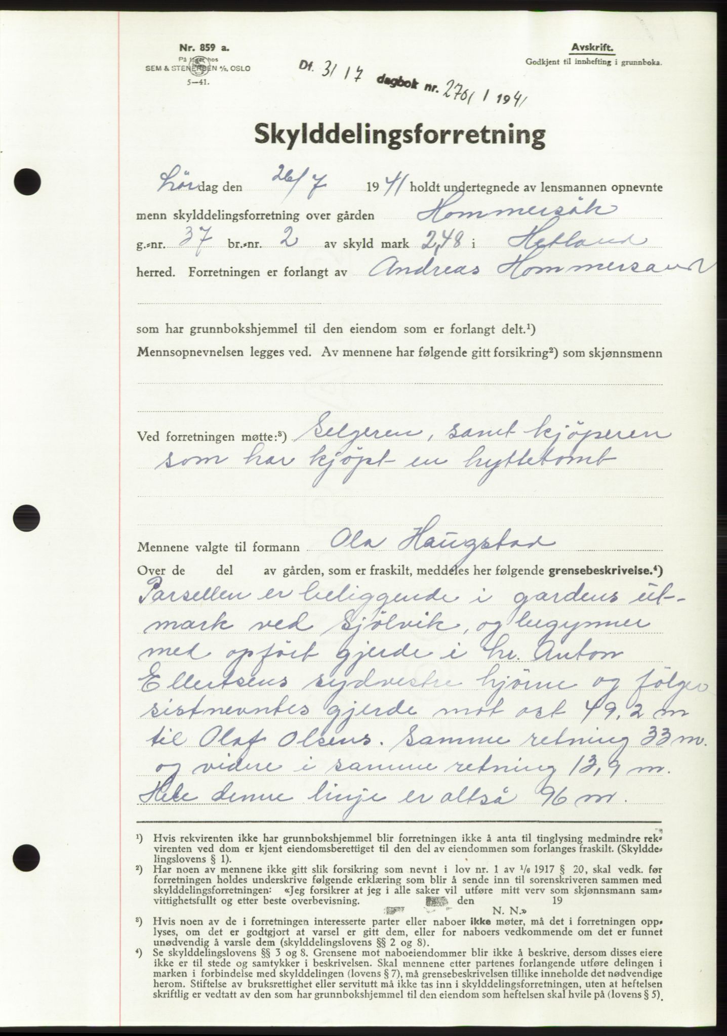 Jæren sorenskriveri, SAST/A-100310/03/G/Gba/L0080: Pantebok, 1941-1941, Dagboknr: 2701/1941