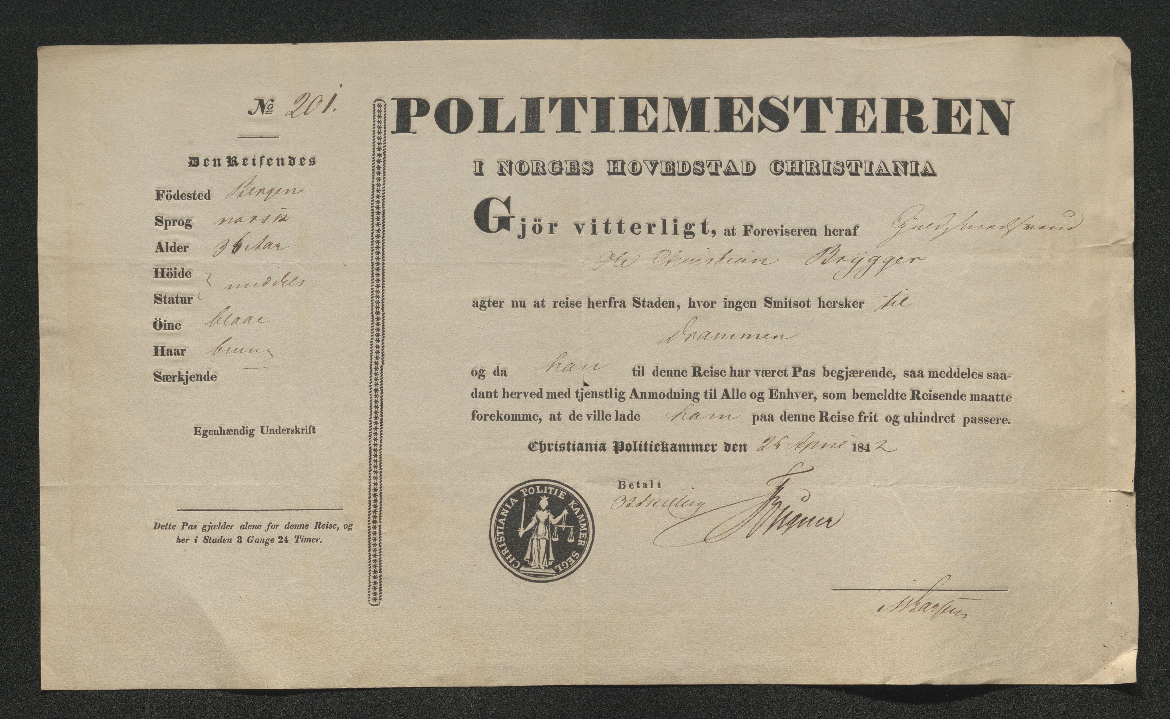 Drammen politikammer, AV/SAKO-A-623/I/Ia/Iab/L0006: Innleverte pass, 1841-1842, s. 403