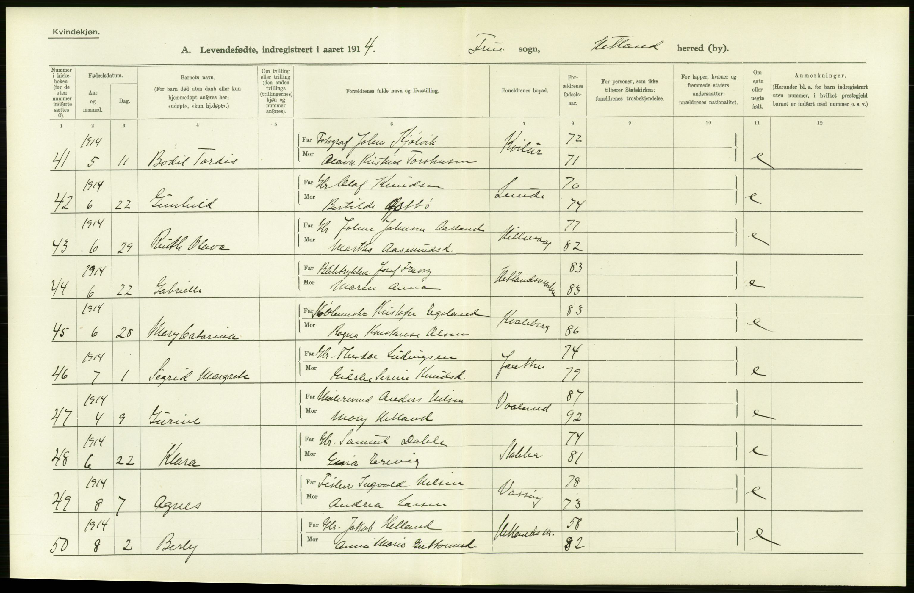 Statistisk sentralbyrå, Sosiodemografiske emner, Befolkning, AV/RA-S-2228/D/Df/Dfb/Dfbd/L0024: Stavanger amt: Levendefødte menn og kvinner. Bygder., 1914, s. 12