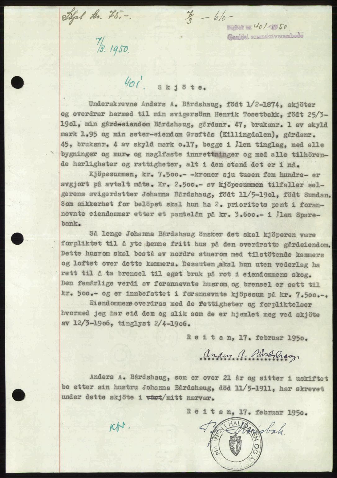 Gauldal sorenskriveri, SAT/A-0014/1/2/2C: Pantebok nr. A9, 1949-1950, Dagboknr: 401/1950