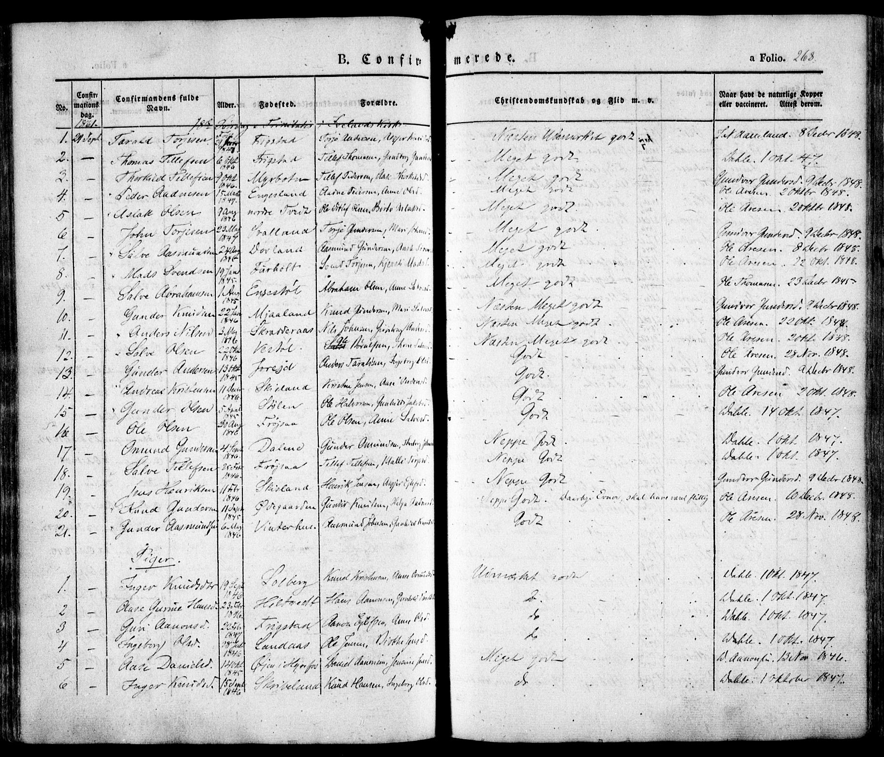 Evje sokneprestkontor, AV/SAK-1111-0008/F/Fa/Faa/L0005: Ministerialbok nr. A 5, 1843-1865, s. 268
