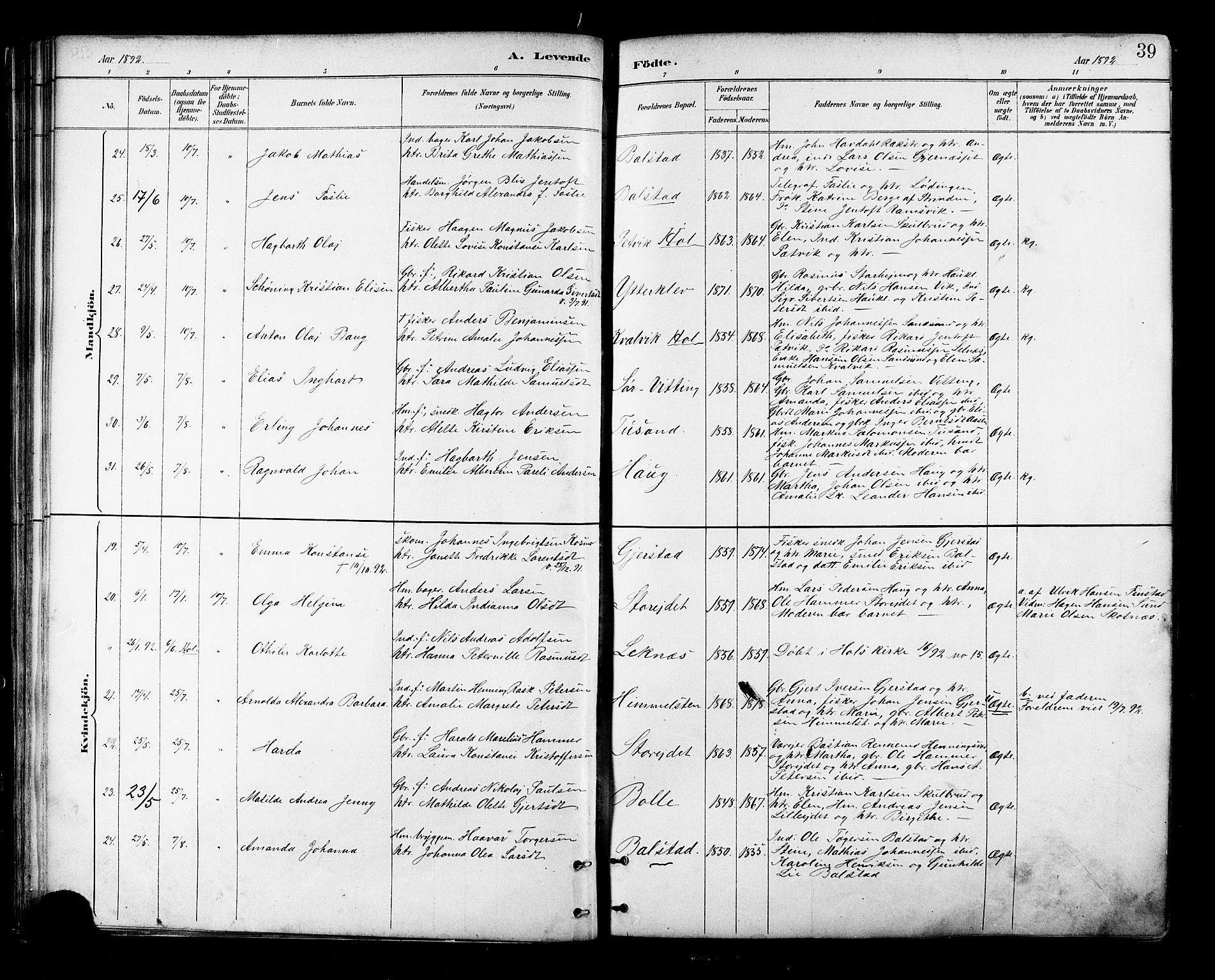 Ministerialprotokoller, klokkerbøker og fødselsregistre - Nordland, SAT/A-1459/881/L1167: Klokkerbok nr. 881C04, 1886-1899, s. 39