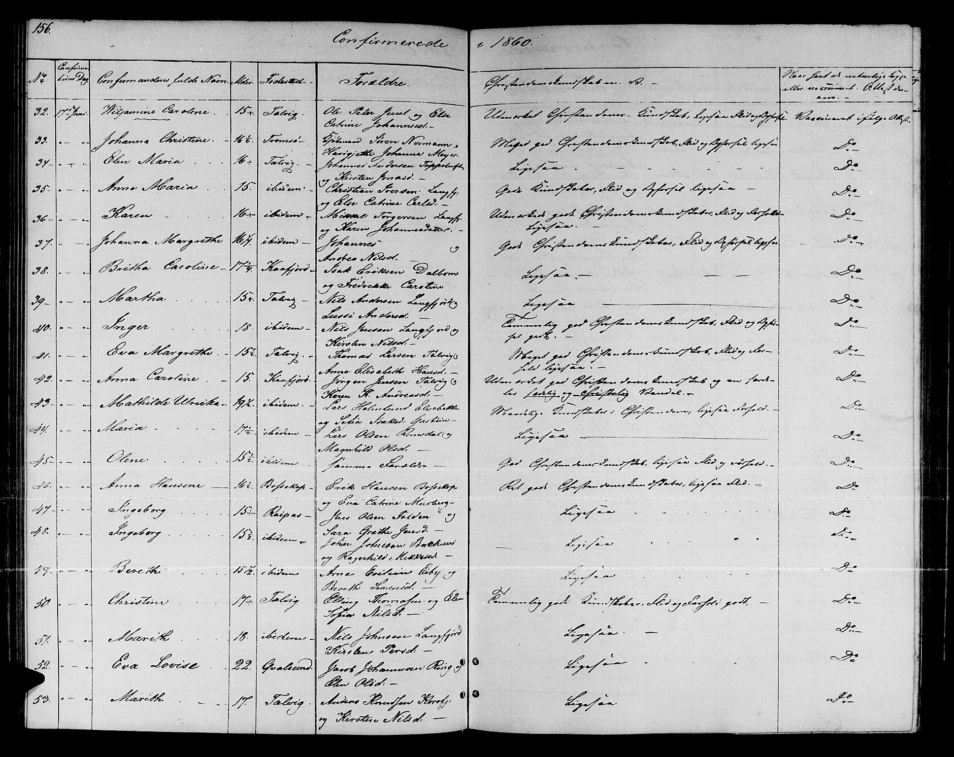 Talvik sokneprestkontor, AV/SATØ-S-1337/H/Hb/L0001klokker: Klokkerbok nr. 1, 1847-1863, s. 156