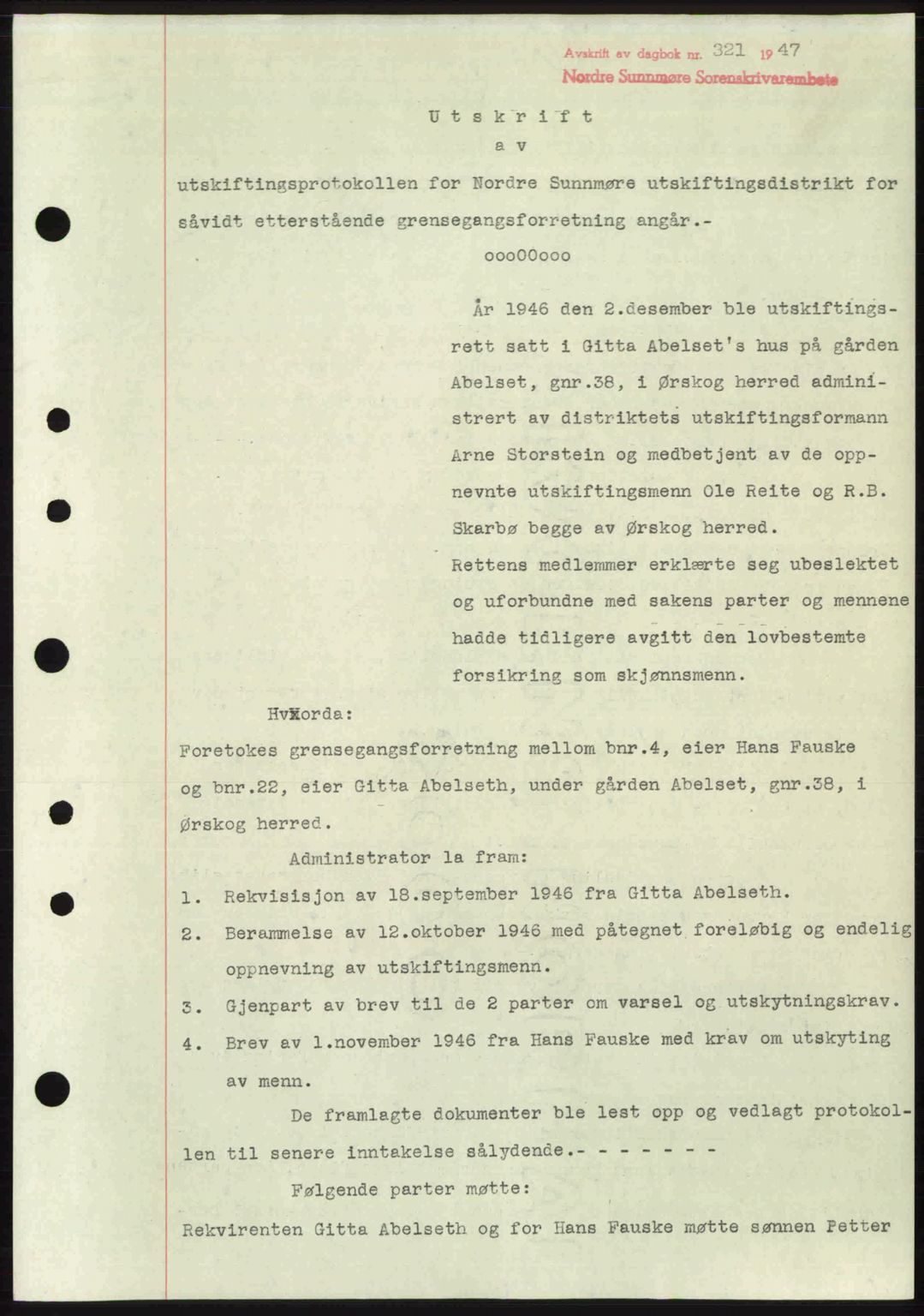 Nordre Sunnmøre sorenskriveri, SAT/A-0006/1/2/2C/2Ca: Pantebok nr. A24, 1947-1947, Dagboknr: 321/1947