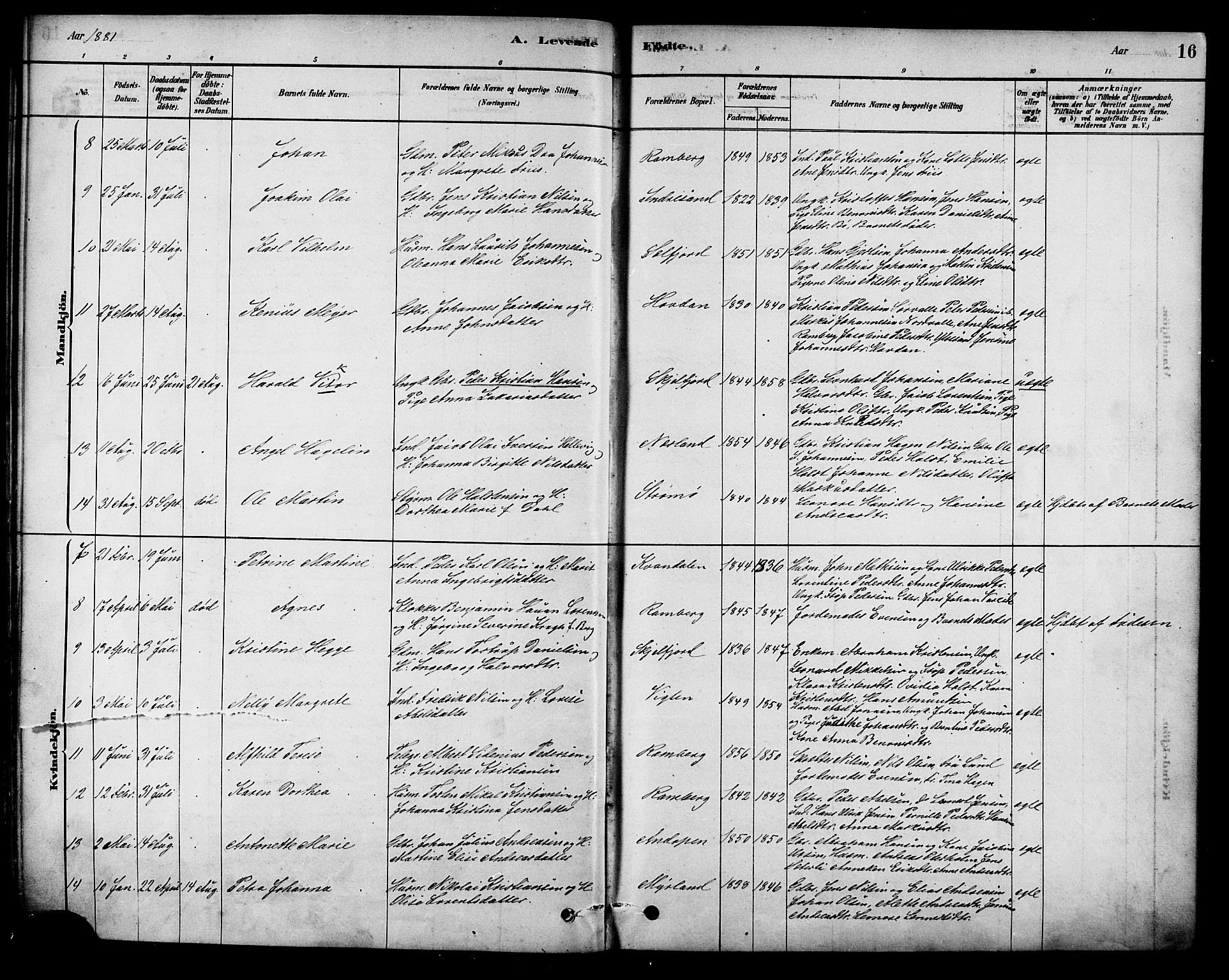 Ministerialprotokoller, klokkerbøker og fødselsregistre - Nordland, SAT/A-1459/885/L1204: Ministerialbok nr. 885A05, 1878-1892, s. 16