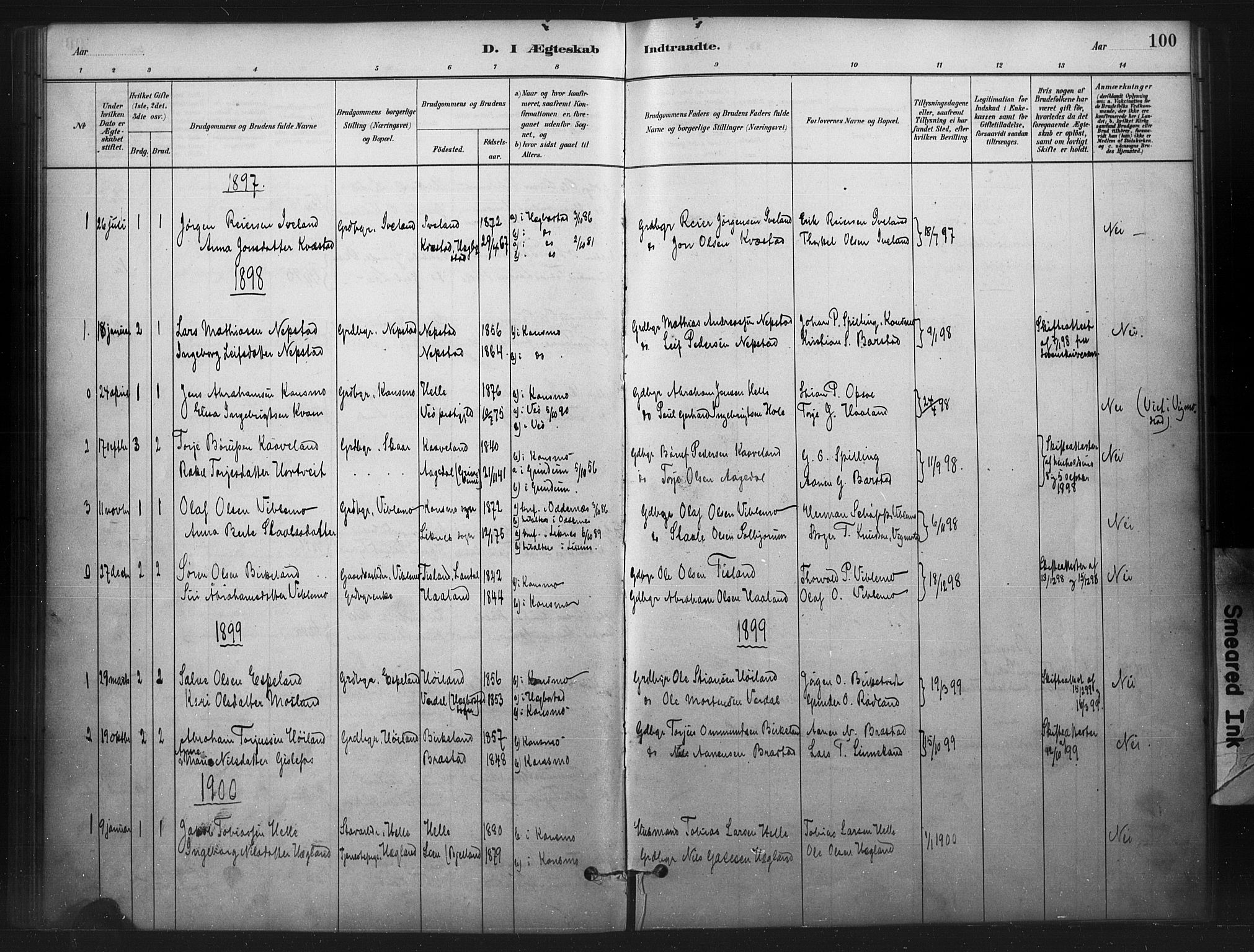 Nord-Audnedal sokneprestkontor, AV/SAK-1111-0032/F/Fa/Faa/L0003: Ministerialbok nr. A 3, 1882-1900, s. 100