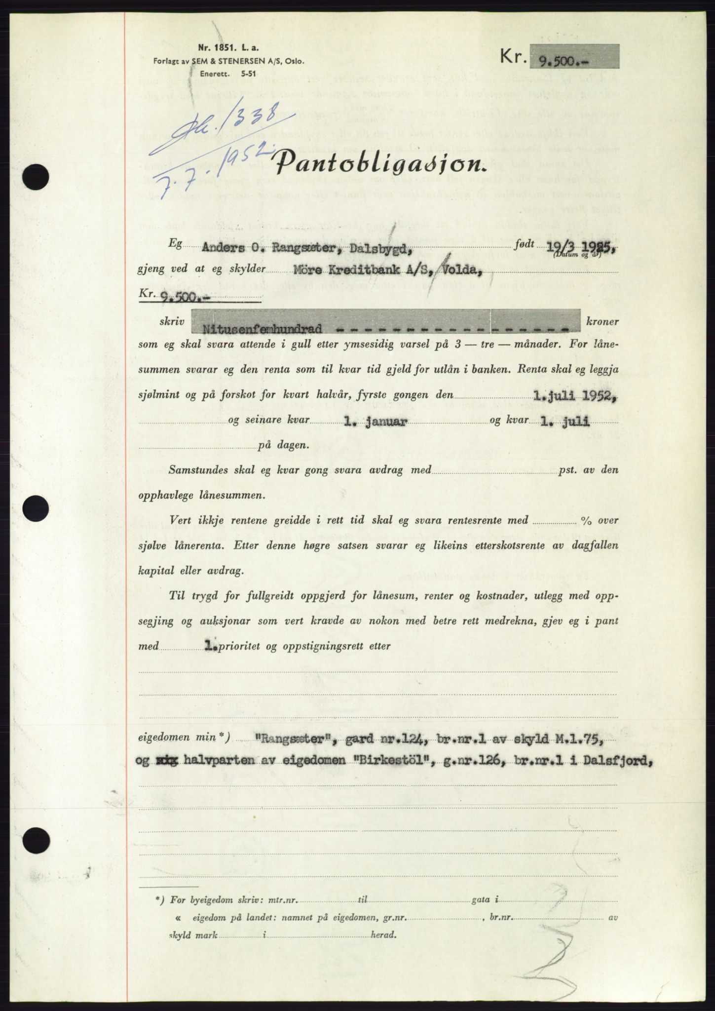 Søre Sunnmøre sorenskriveri, AV/SAT-A-4122/1/2/2C/L0121: Pantebok nr. 9B, 1951-1952, Dagboknr: 1338/1952