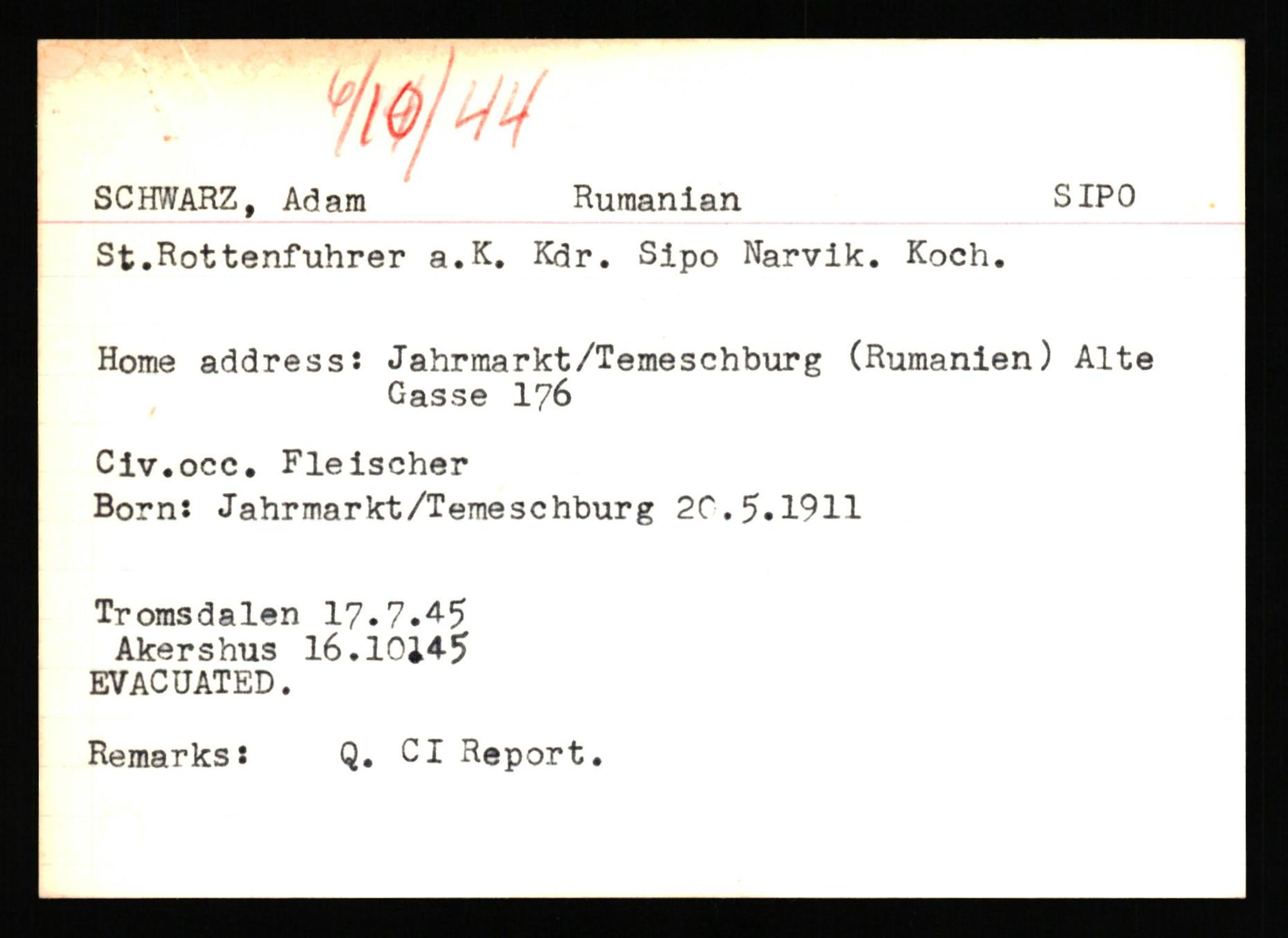 Forsvaret, Forsvarets overkommando II, AV/RA-RAFA-3915/D/Db/L0041: CI Questionaires.  Diverse nasjonaliteter., 1945-1946, s. 185