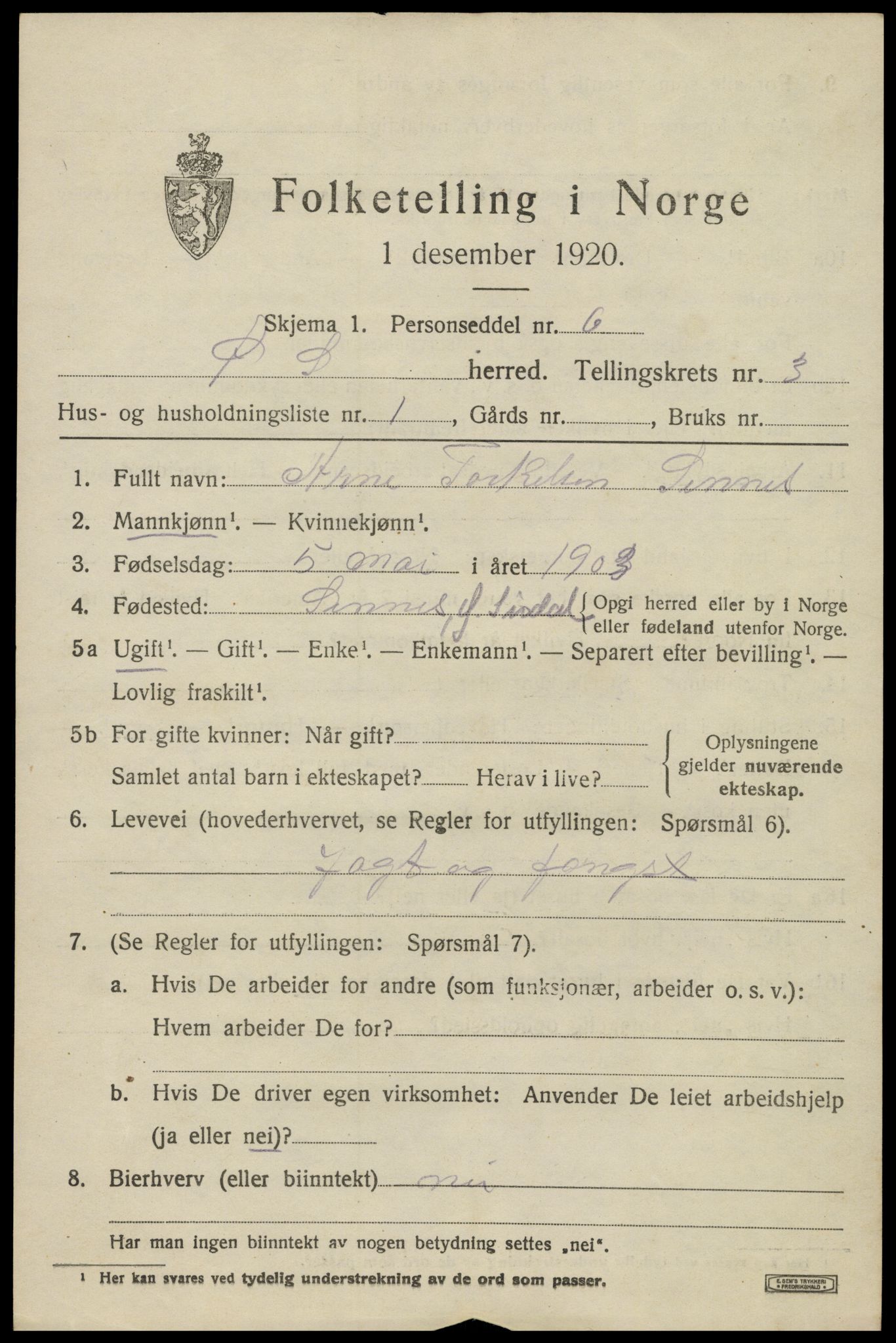 SAK, Folketelling 1920 for 1047 Øvre Sirdal herred, 1920, s. 543