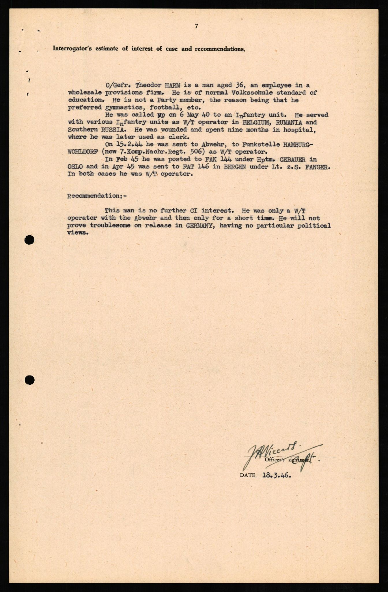 Forsvaret, Forsvarets overkommando II, AV/RA-RAFA-3915/D/Db/L0012: CI Questionaires. Tyske okkupasjonsstyrker i Norge. Tyskere., 1945-1946, s. 61