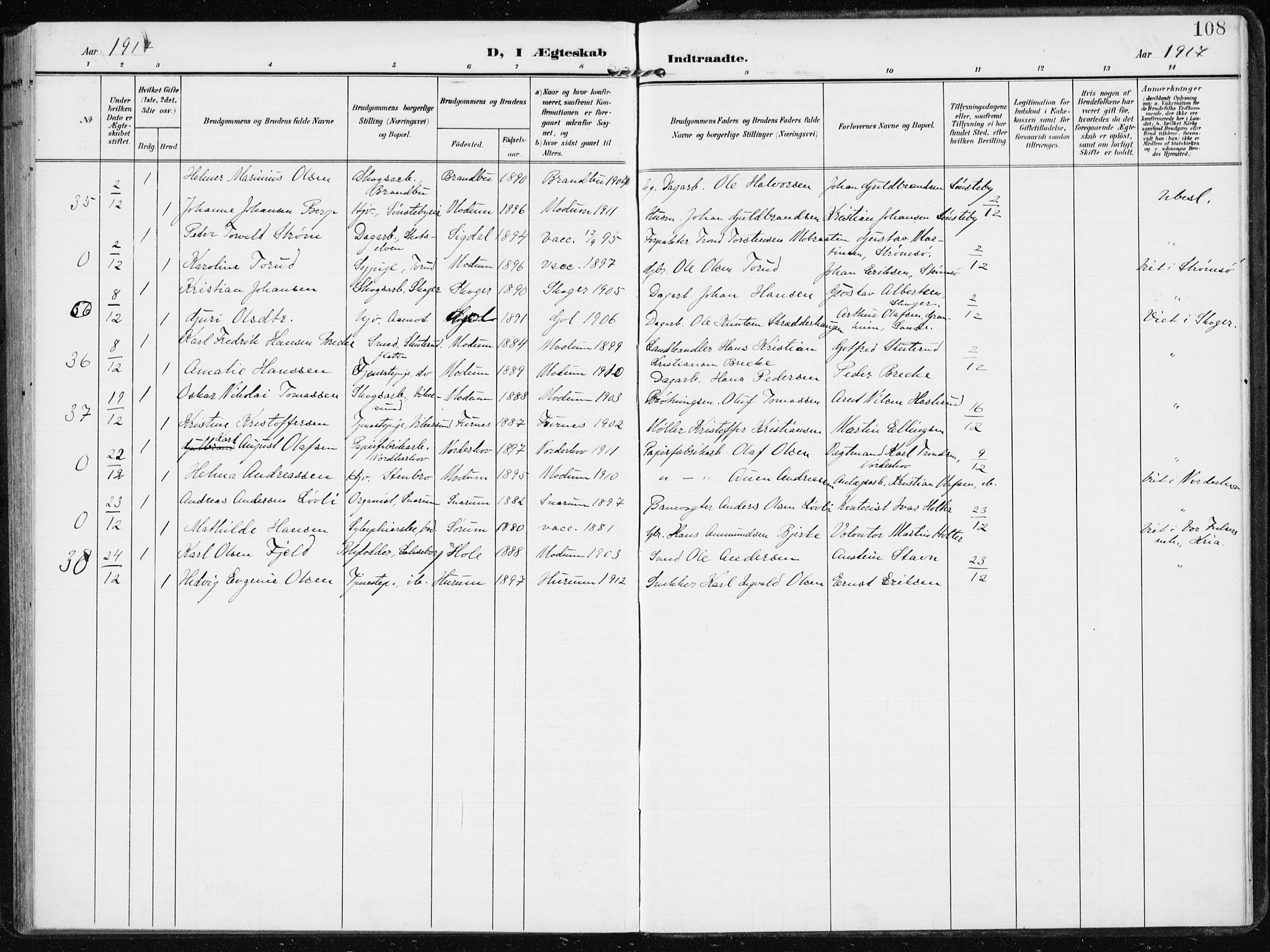 Modum kirkebøker, AV/SAKO-A-234/F/Fa/L0014b: Ministerialbok nr. 14b, 1906-1917, s. 108