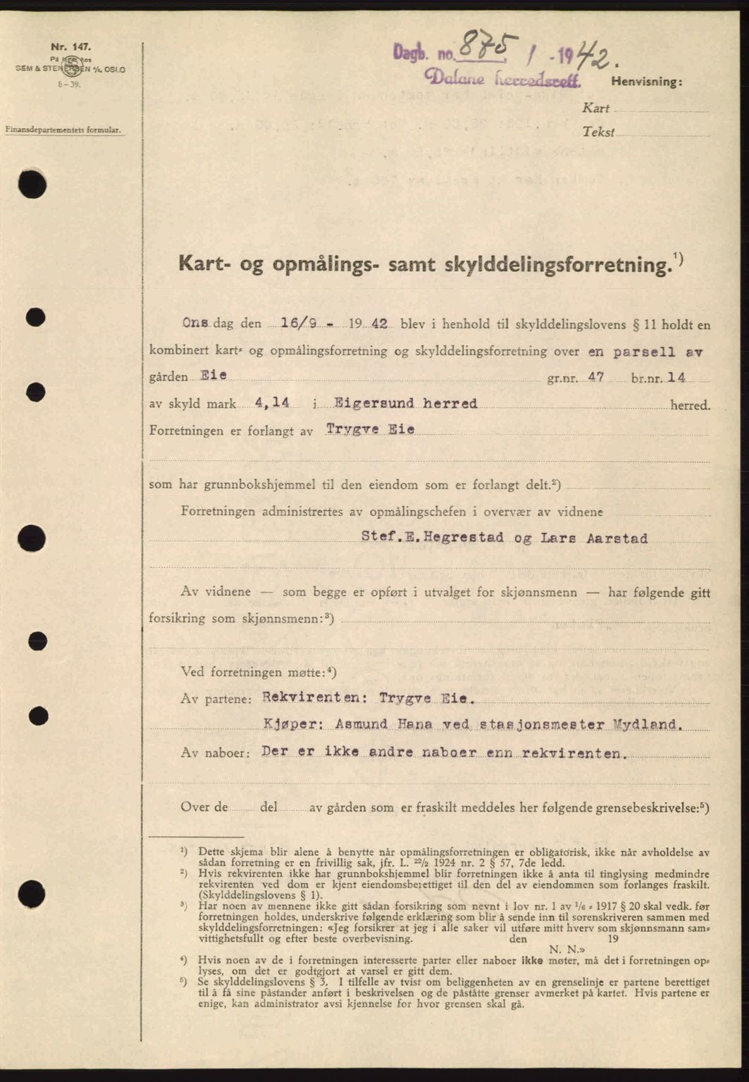 Dalane sorenskriveri, SAST/A-100309/02/G/Gb/L0046: Pantebok nr. A7, 1942-1943, Dagboknr: 875/1942