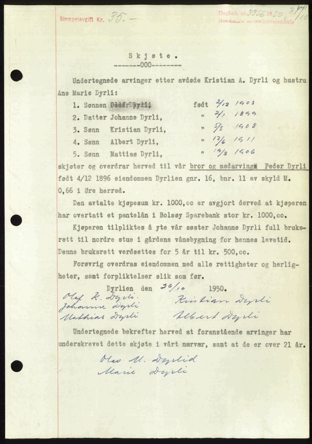 Nordmøre sorenskriveri, SAT/A-4132/1/2/2Ca: Pantebok nr. A116, 1950-1950, Dagboknr: 3356/1950