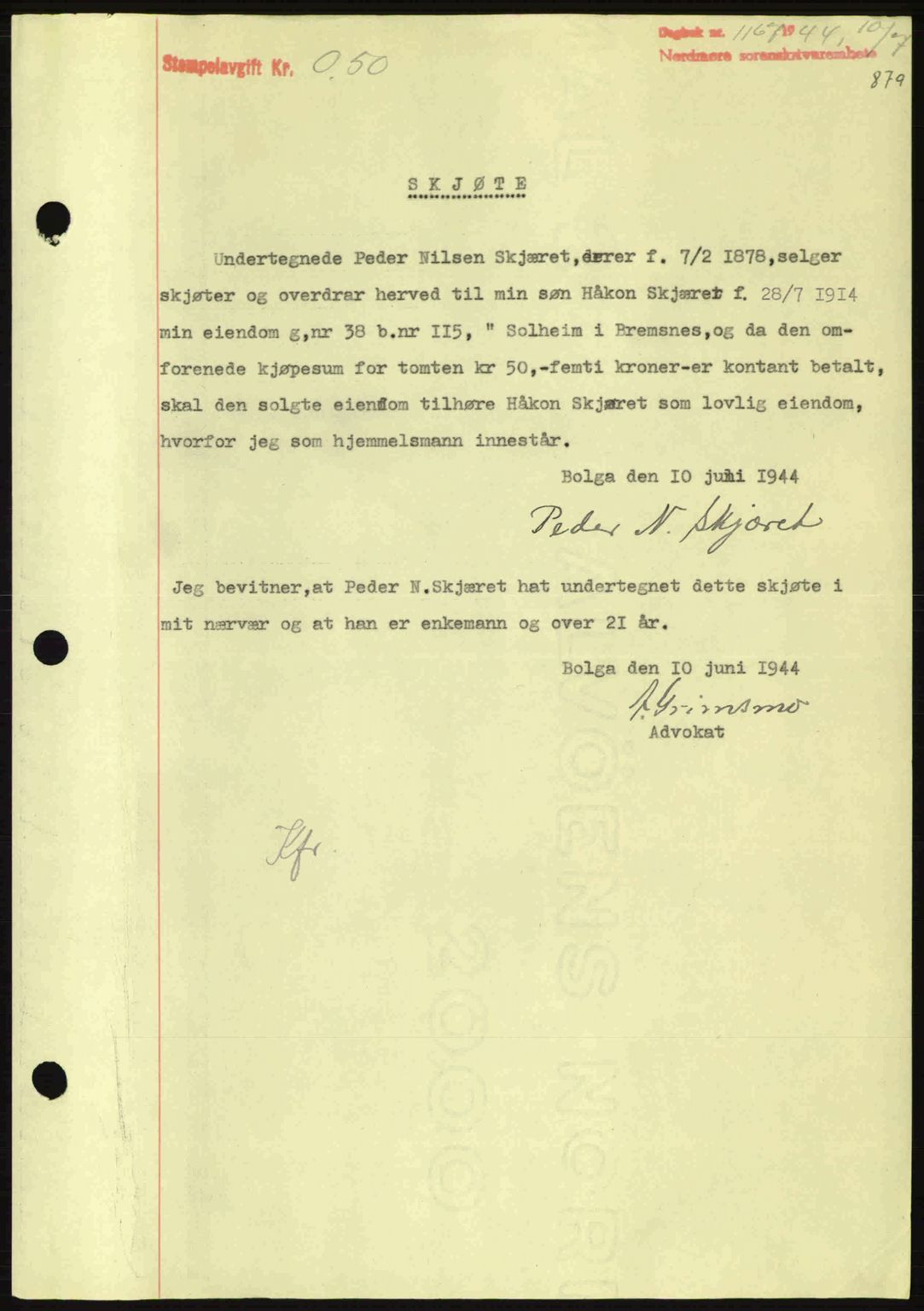 Nordmøre sorenskriveri, AV/SAT-A-4132/1/2/2Ca: Pantebok nr. A97, 1944-1944, Dagboknr: 1167/1944
