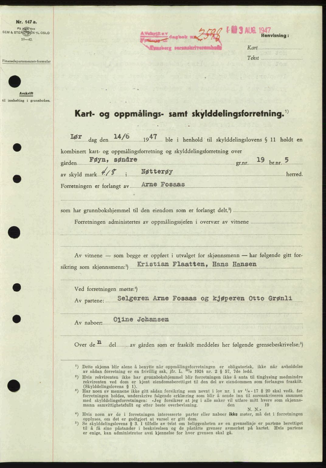 Tønsberg sorenskriveri, SAKO/A-130/G/Ga/Gaa/L0022: Pantebok nr. A22, 1947-1947, Dagboknr: 2598/1947