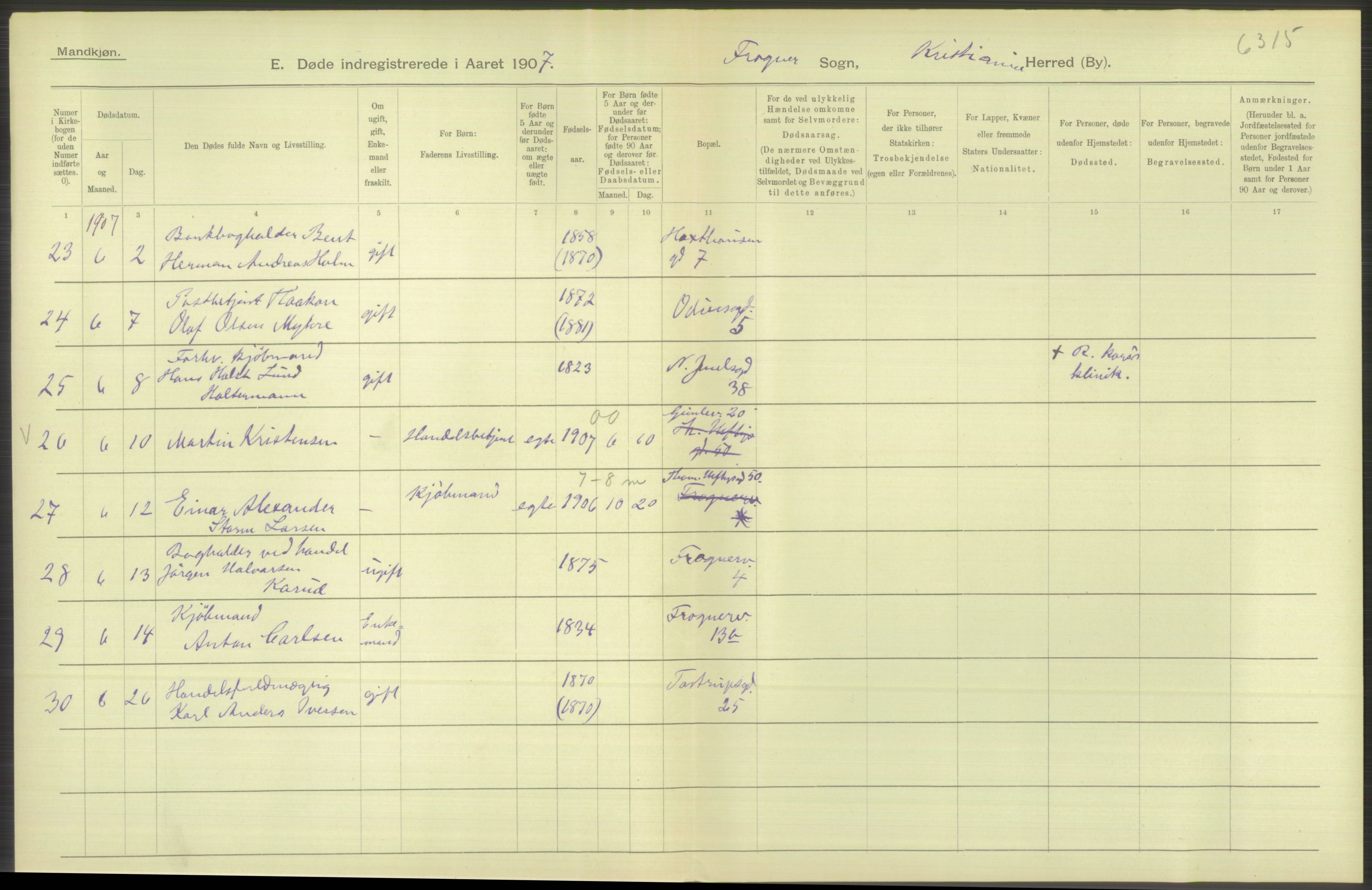 Statistisk sentralbyrå, Sosiodemografiske emner, Befolkning, AV/RA-S-2228/D/Df/Dfa/Dfae/L0010: Kristiania: Døde, dødfødte, 1907, s. 526