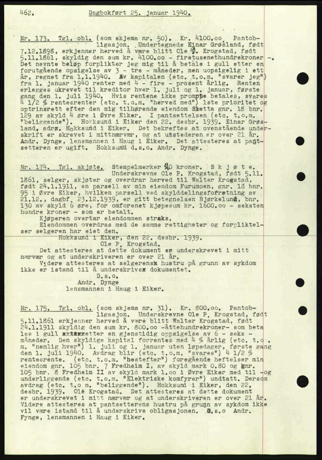 Eiker, Modum og Sigdal sorenskriveri, SAKO/A-123/G/Ga/Gab/L0041: Pantebok nr. A11, 1939-1940, Dagboknr: 173/1940
