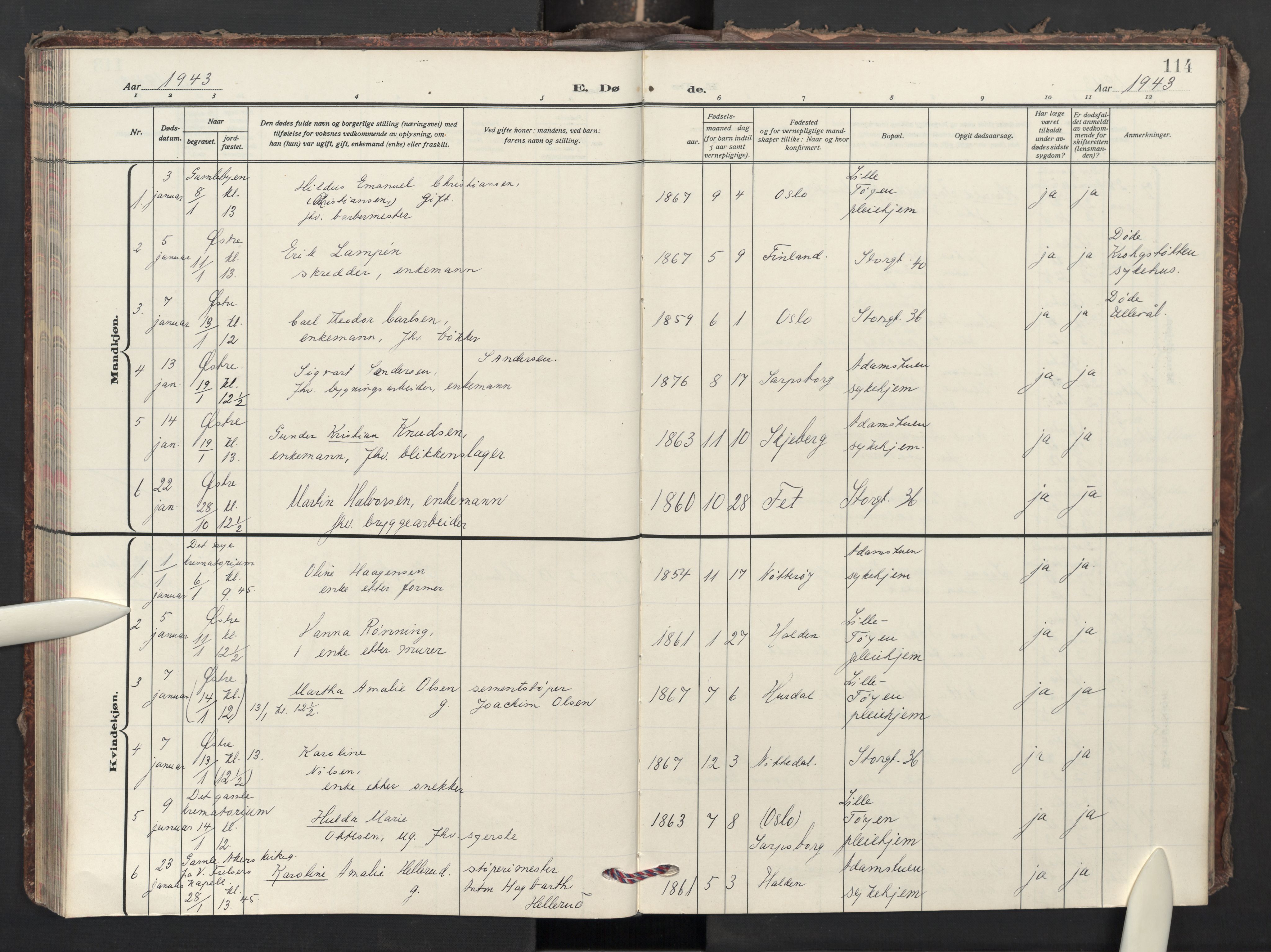Krohgstøtten sykehusprest Kirkebøker, AV/SAO-A-10854/F/Fa/L0006: Ministerialbok nr. 6, 1935-1951, s. 114