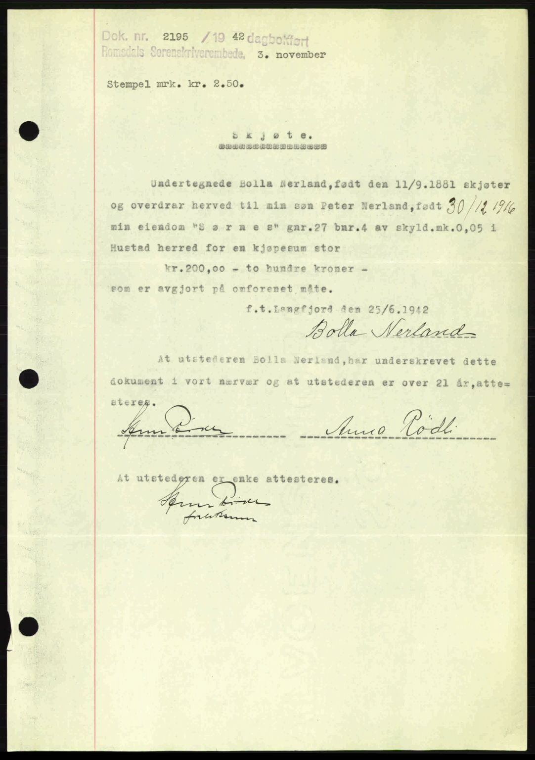 Romsdal sorenskriveri, SAT/A-4149/1/2/2C: Pantebok nr. A13, 1942-1943, Dagboknr: 2195/1942