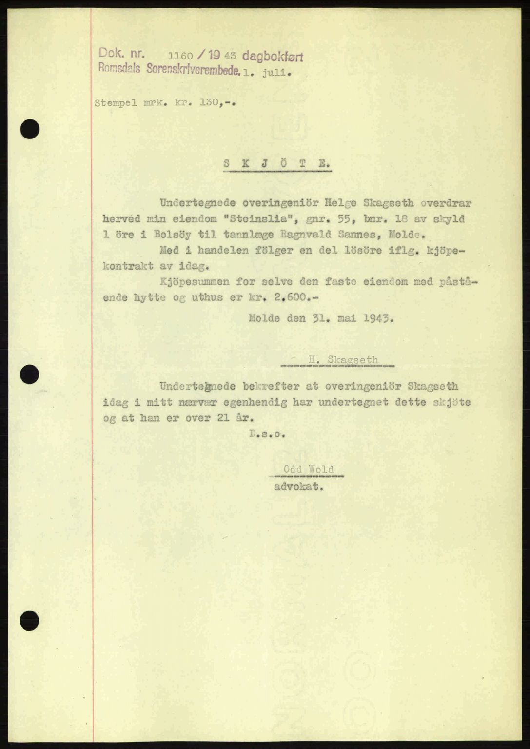 Romsdal sorenskriveri, SAT/A-4149/1/2/2C: Pantebok nr. A14, 1943-1943, Dagboknr: 1160/1943