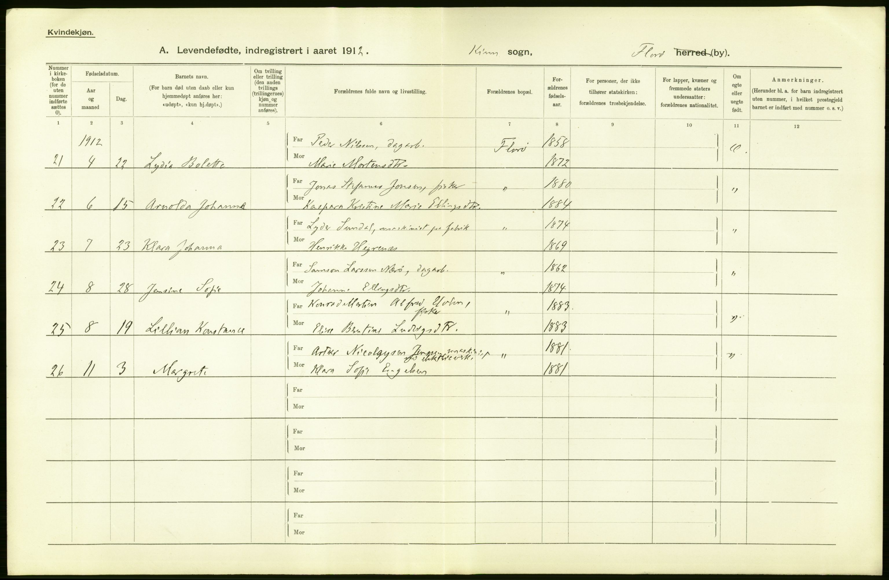 Statistisk sentralbyrå, Sosiodemografiske emner, Befolkning, AV/RA-S-2228/D/Df/Dfb/Dfbb/L0036: Florø by: Levendefødte menn og kvinner, gifte, døde, dødfødte., 1912, s. 14