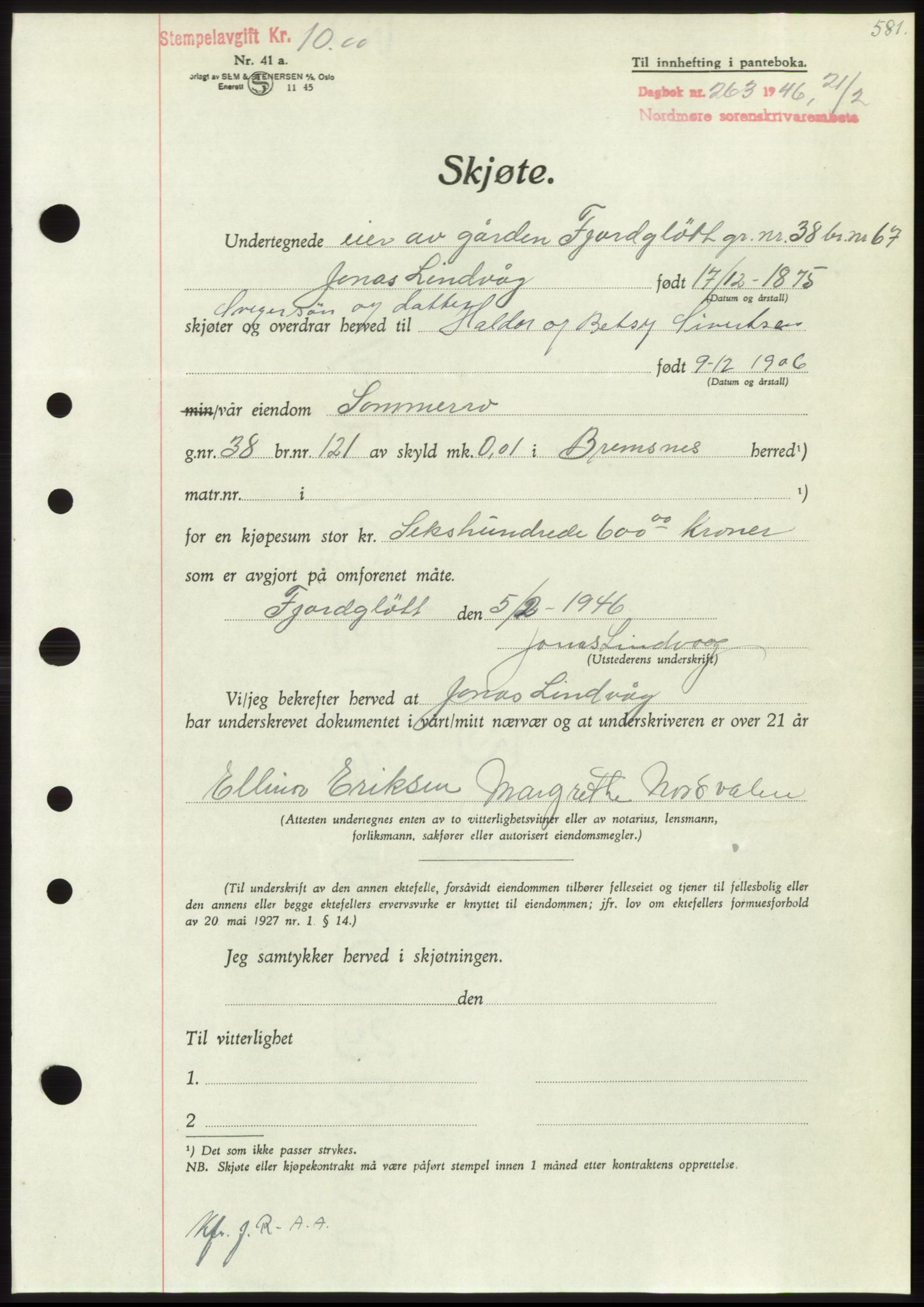 Nordmøre sorenskriveri, SAT/A-4132/1/2/2Ca: Pantebok nr. B93b, 1946-1946, Dagboknr: 263/1946
