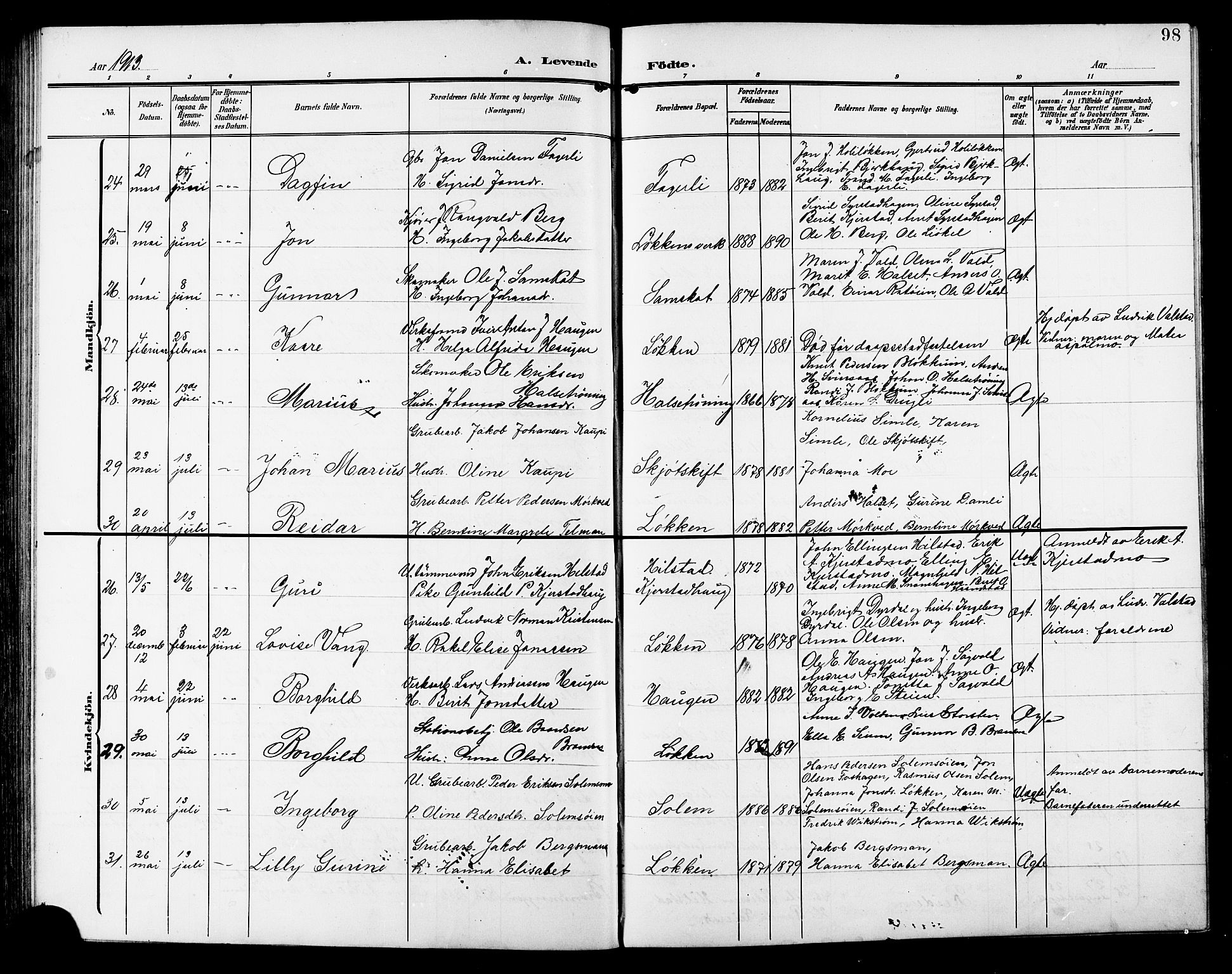 Ministerialprotokoller, klokkerbøker og fødselsregistre - Sør-Trøndelag, AV/SAT-A-1456/672/L0864: Klokkerbok nr. 672C03, 1902-1914, s. 98