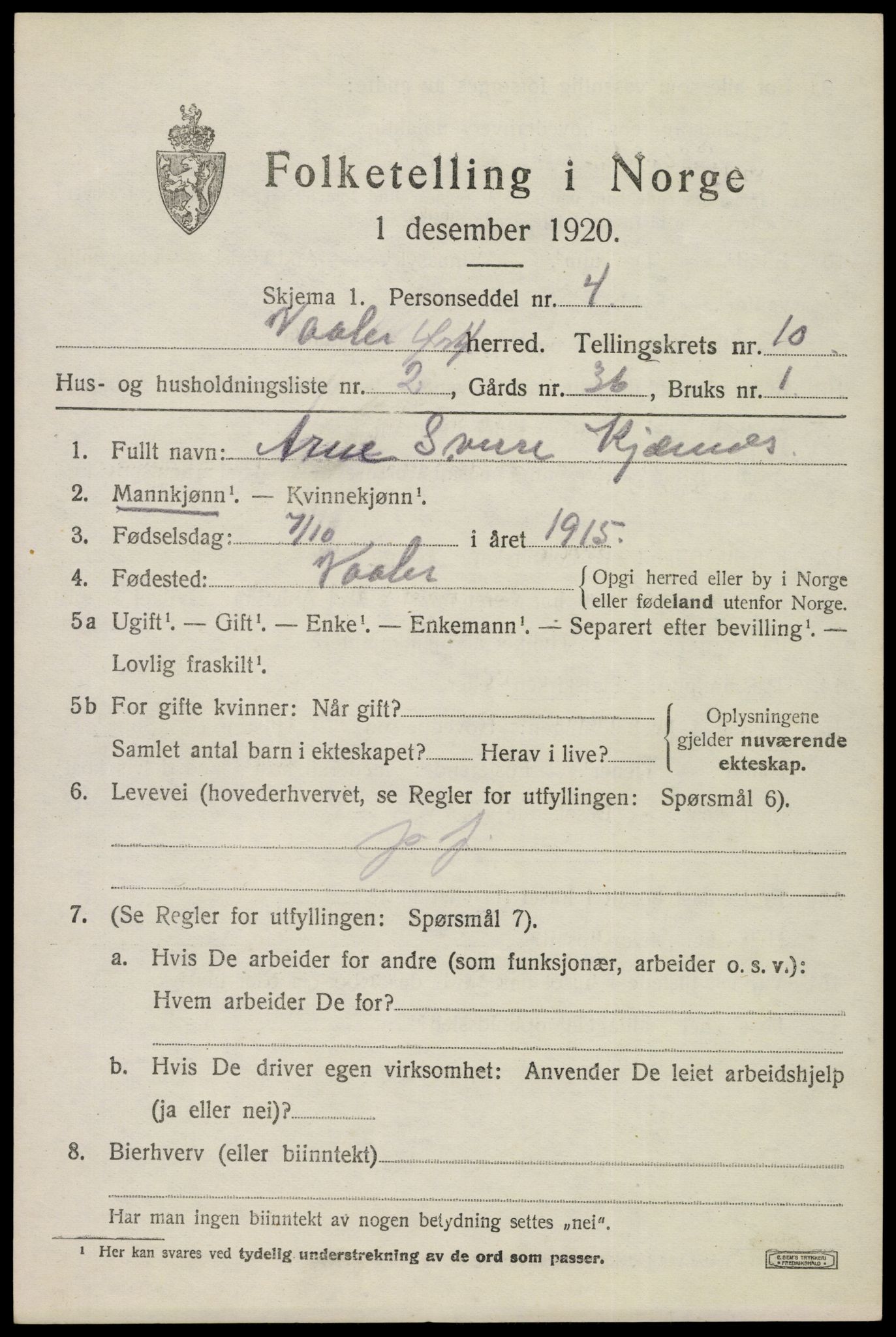 SAO, Folketelling 1920 for 0137 Våler herred, 1920, s. 5060