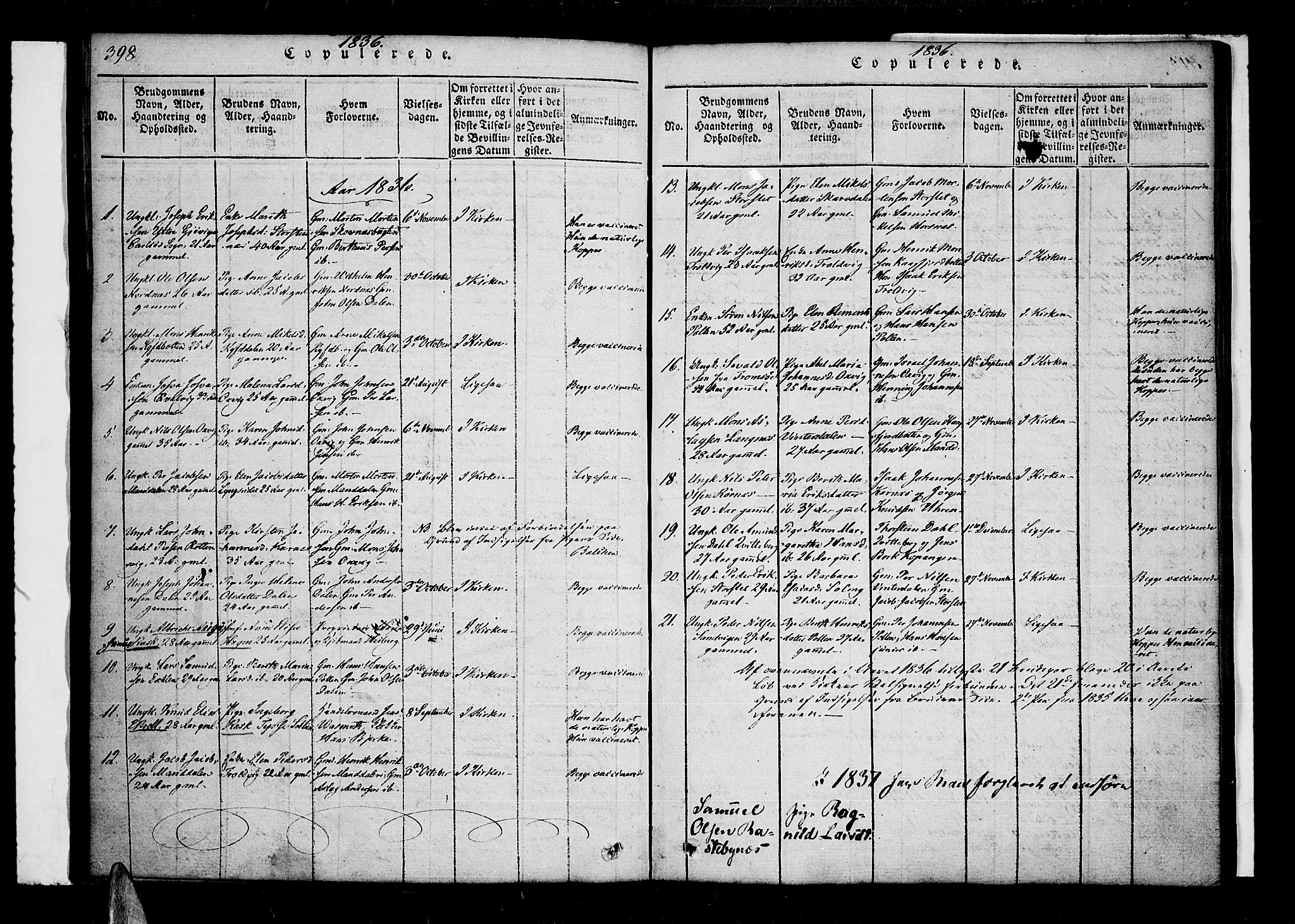 Lyngen sokneprestembete, AV/SATØ-S-1289/H/He/Hea/L0003kirke: Ministerialbok nr. 3, 1822-1838, s. 398-399