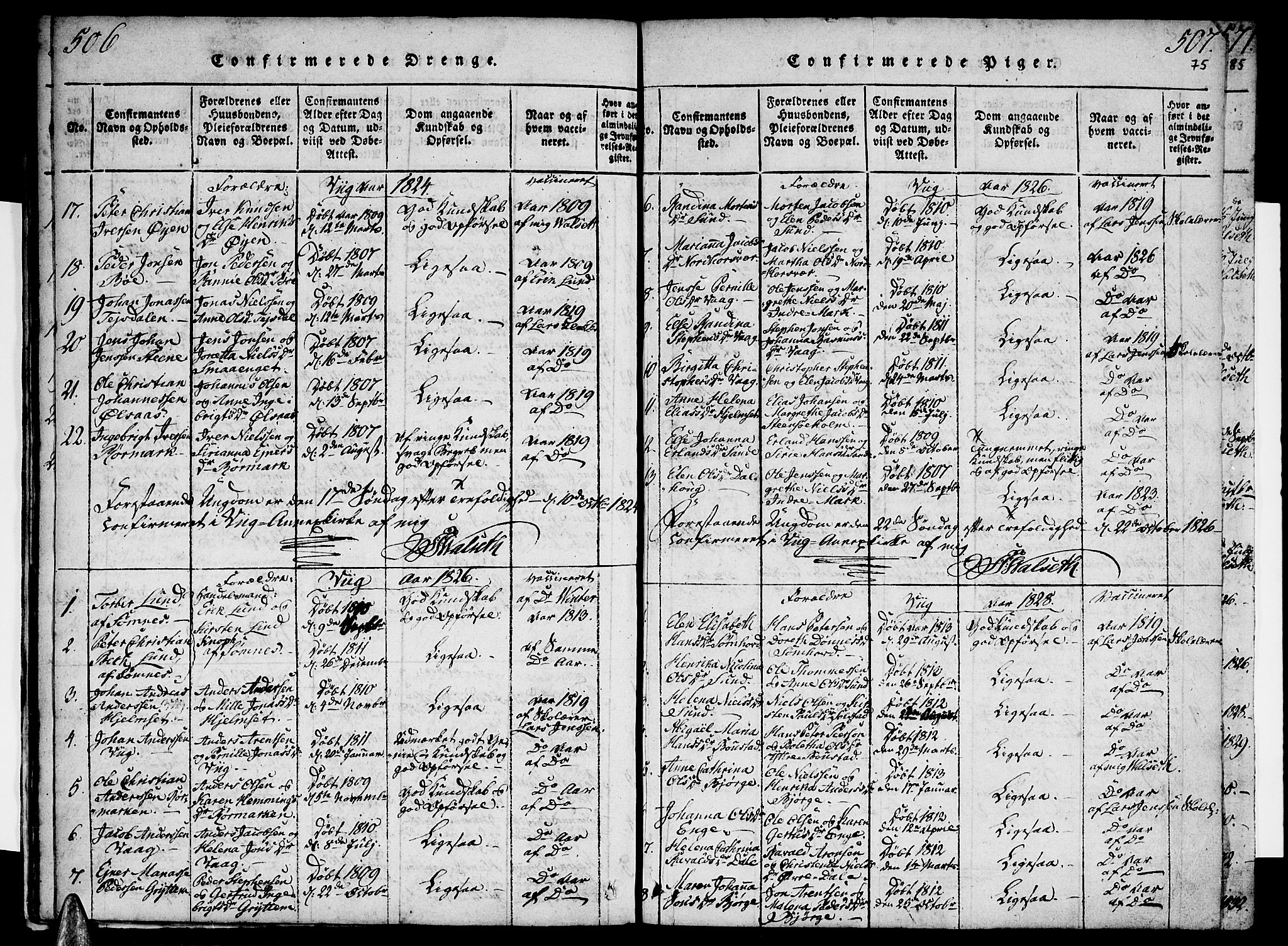 Ministerialprotokoller, klokkerbøker og fødselsregistre - Nordland, AV/SAT-A-1459/812/L0175: Ministerialbok nr. 812A04, 1820-1833, s. 506-507
