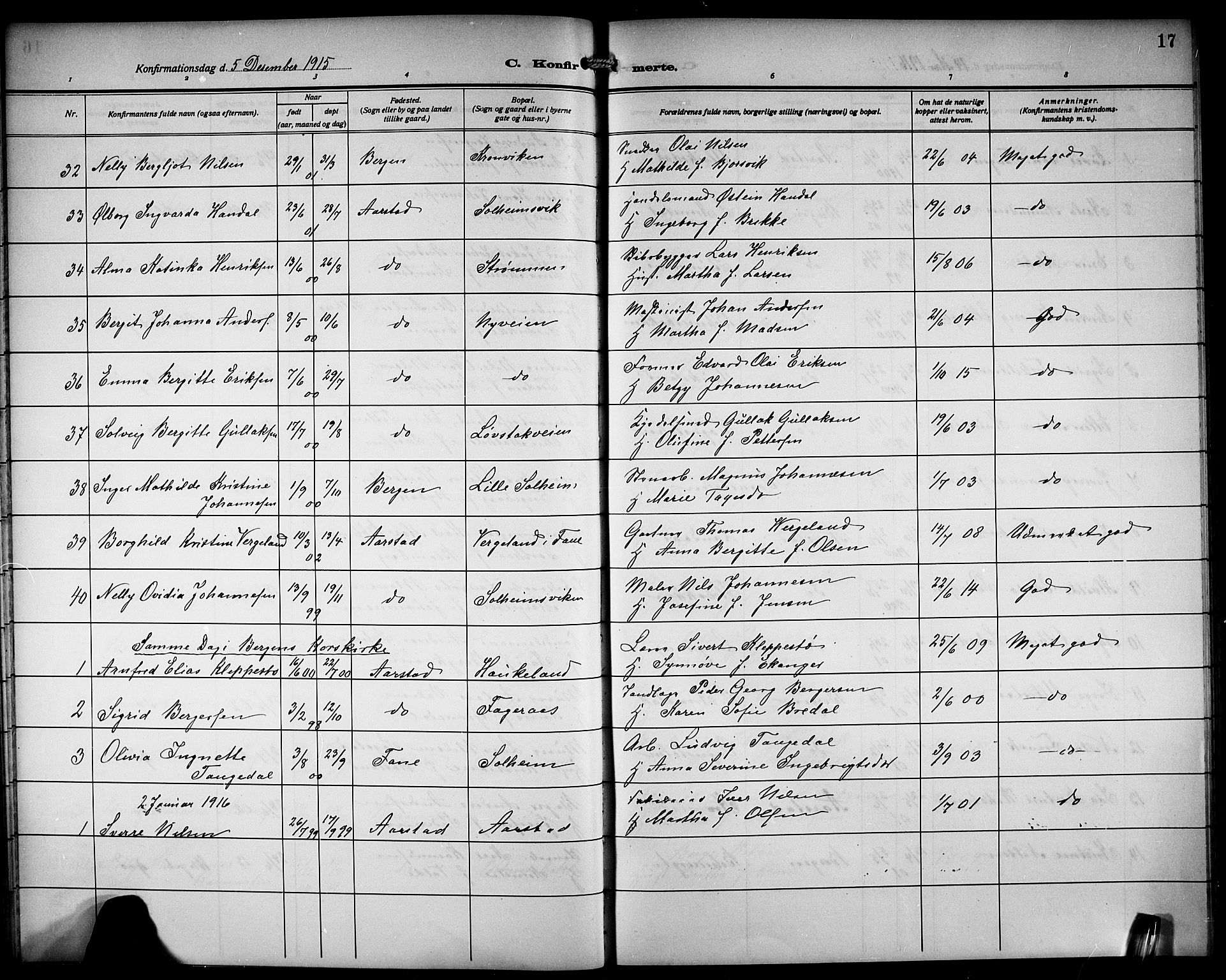 Årstad Sokneprestembete, AV/SAB-A-79301/H/Hab/L0013: Klokkerbok nr. B 3, 1914-1923, s. 17