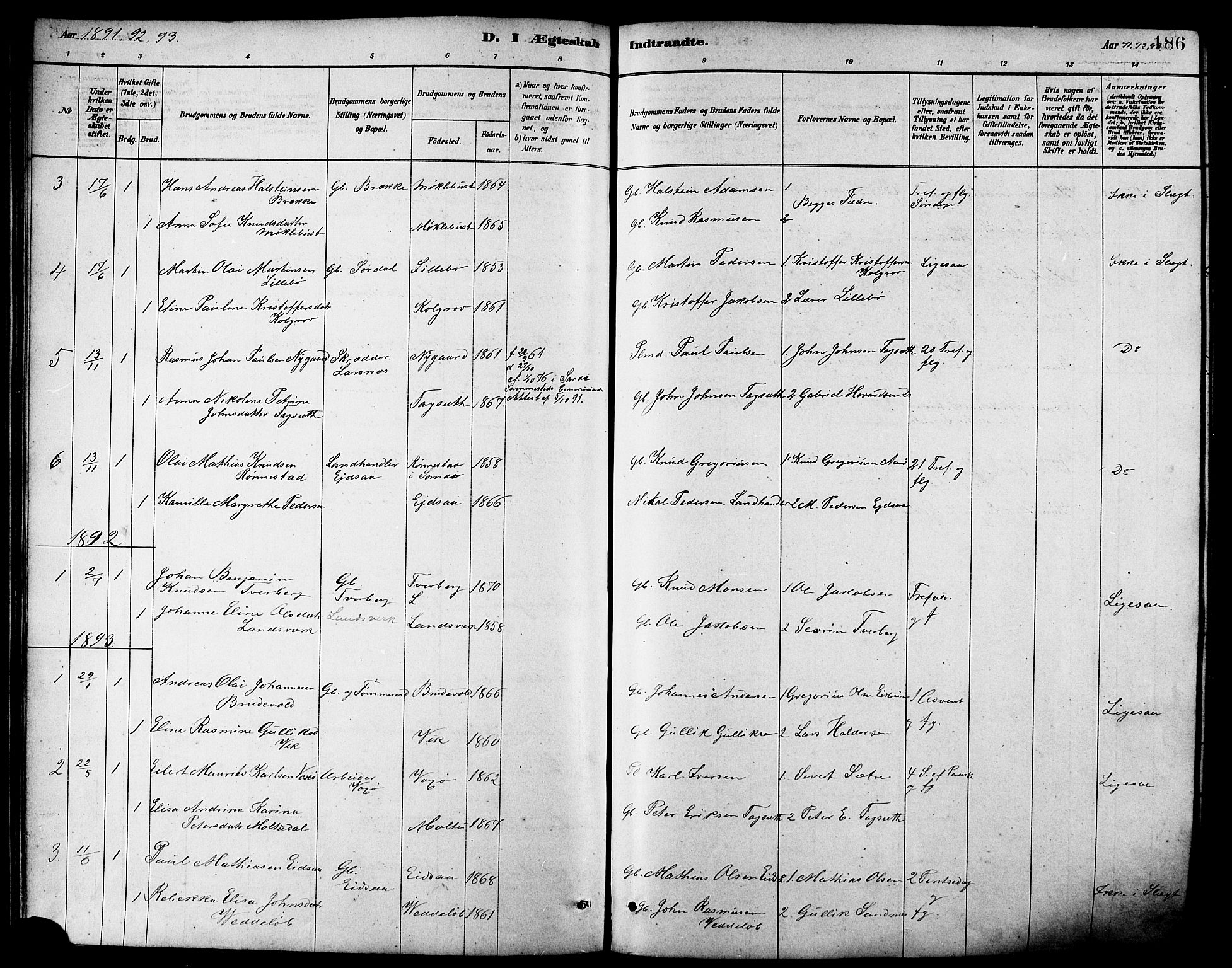 Ministerialprotokoller, klokkerbøker og fødselsregistre - Møre og Romsdal, SAT/A-1454/502/L0027: Klokkerbok nr. 502C01, 1878-1908, s. 186