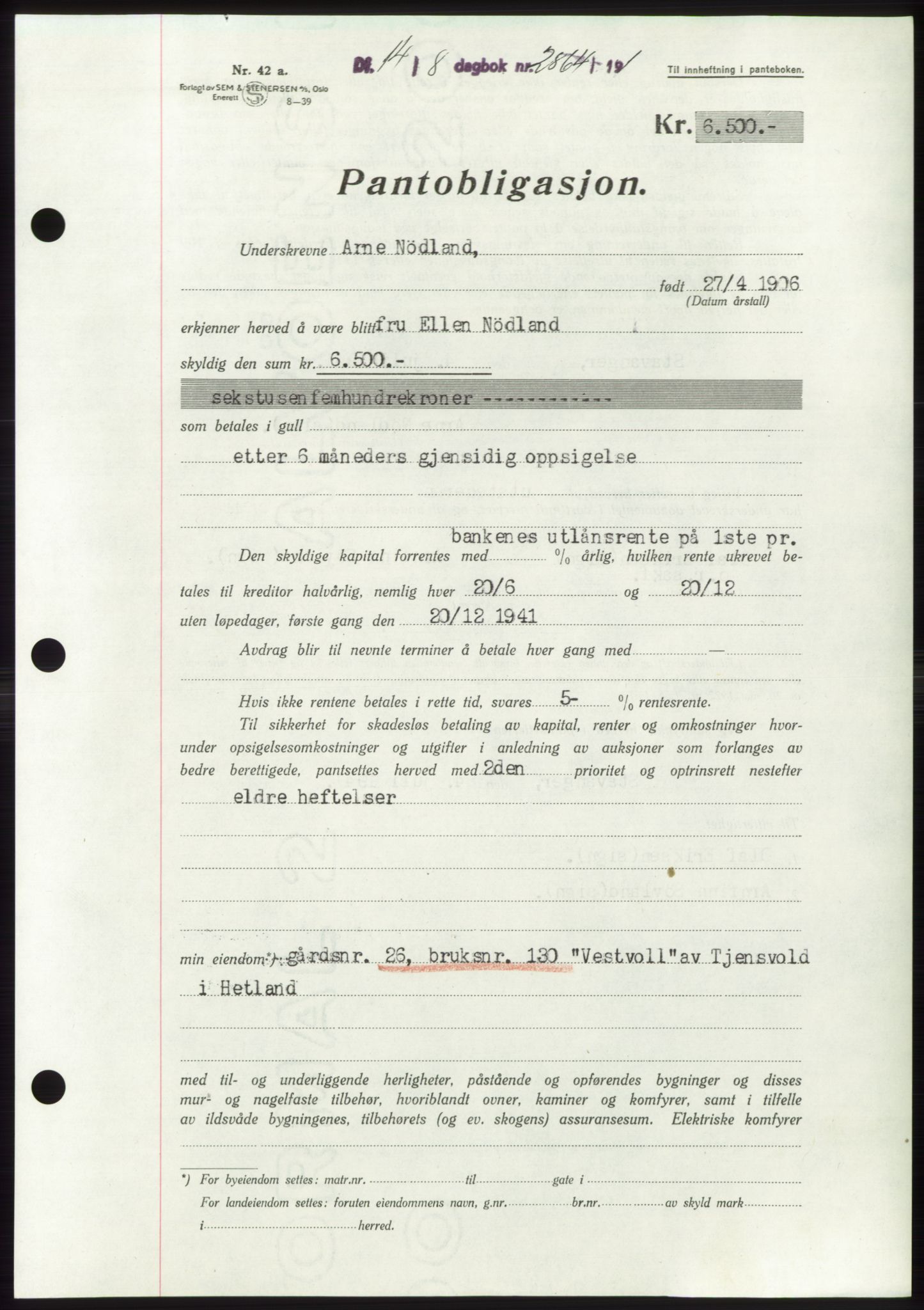 Jæren sorenskriveri, SAST/A-100310/03/G/Gba/L0080: Pantebok, 1941-1941, Dagboknr: 2864/1941