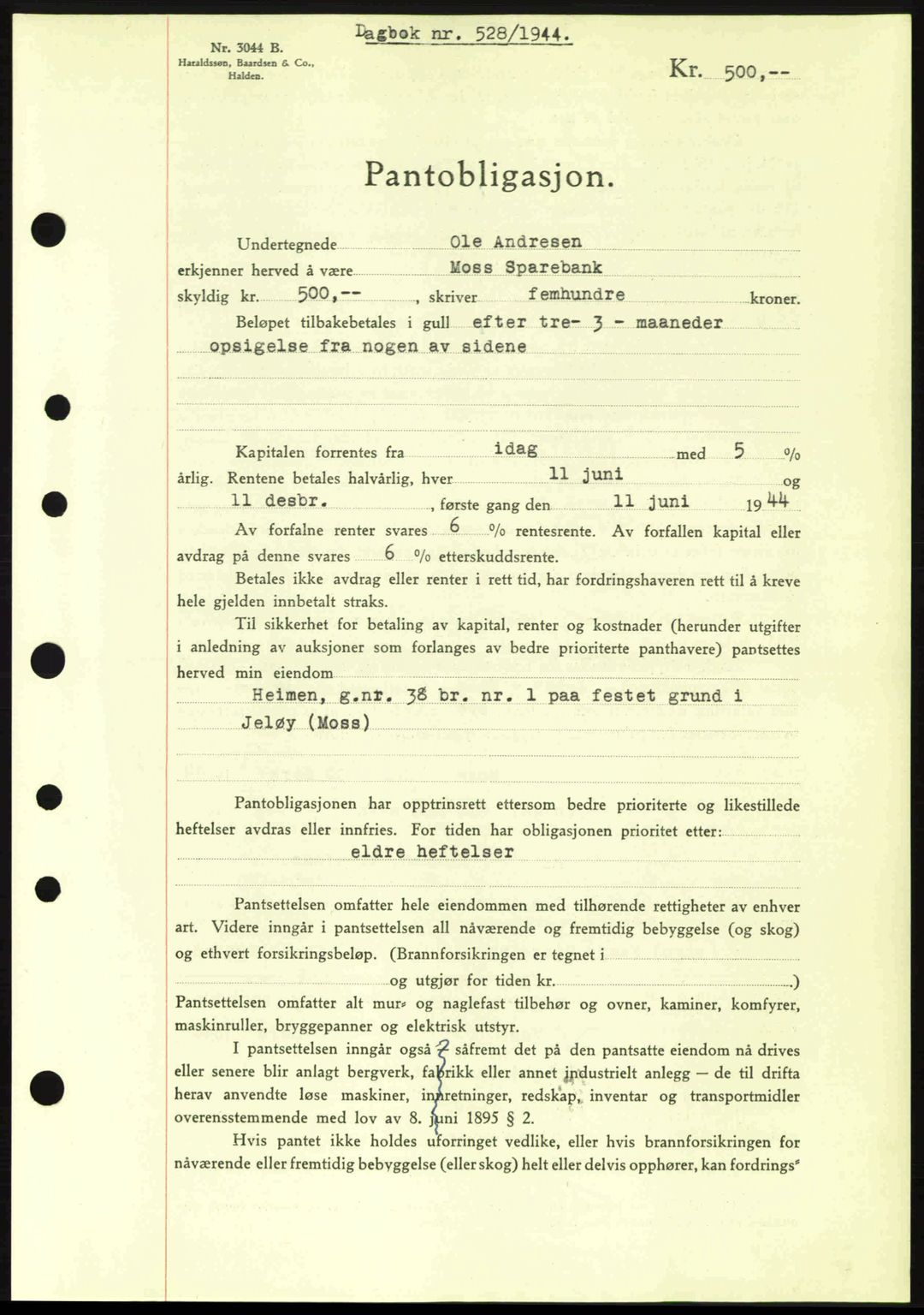 Moss sorenskriveri, SAO/A-10168: Pantebok nr. B13, 1943-1945, Dagboknr: 528/1944