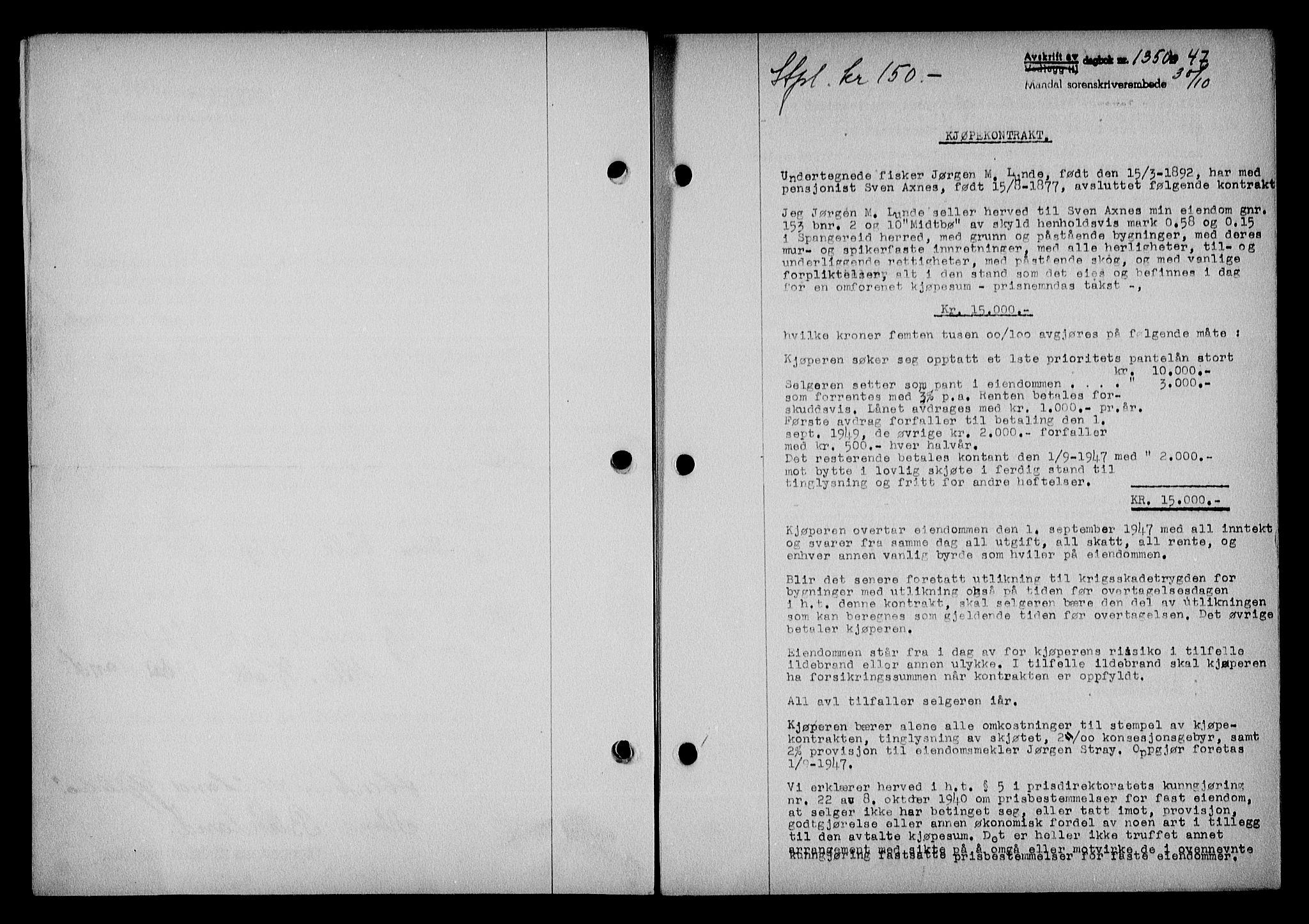 Mandal sorenskriveri, SAK/1221-0005/001/G/Gb/Gba/L0079: Pantebok nr. A-16, 1947-1948, Dagboknr: 1350/1947