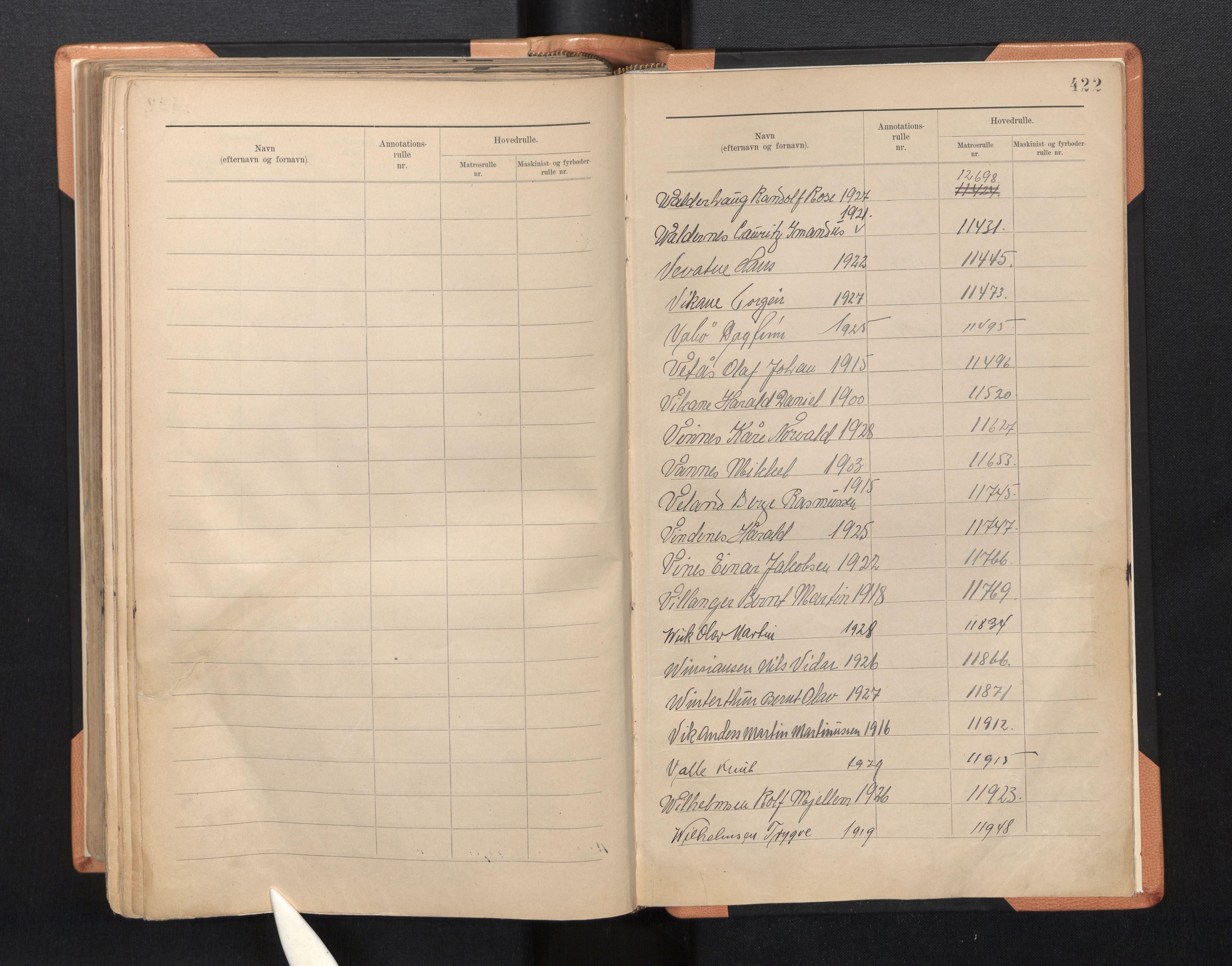 Innrulleringssjefen i Bergen, AV/SAB-A-100050/F/Fa/L0005: Register til sjøfartsrulle, Mønstringssjefen i Bergen, 1926-1948, s. 422